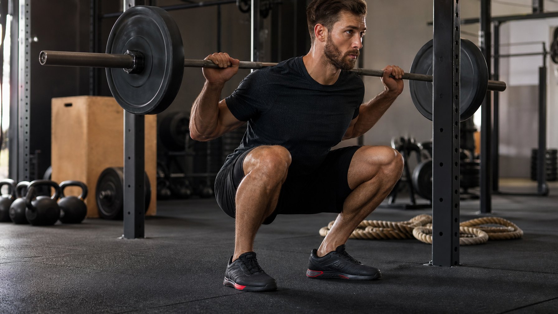 Pria berolahraga di gym sambil melakukan squat dengan barbel menggunakan sepatu latihan.
