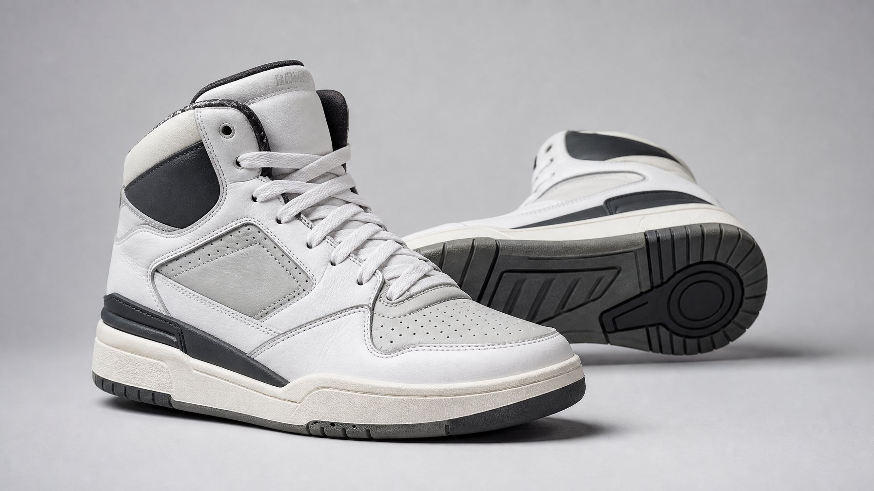 Sepasang sepatu basket high-top bergaya retro diletakkan di atas permukaan studio dengan satu sepatu berdiri dan satu sepatu miring di belakangnya.