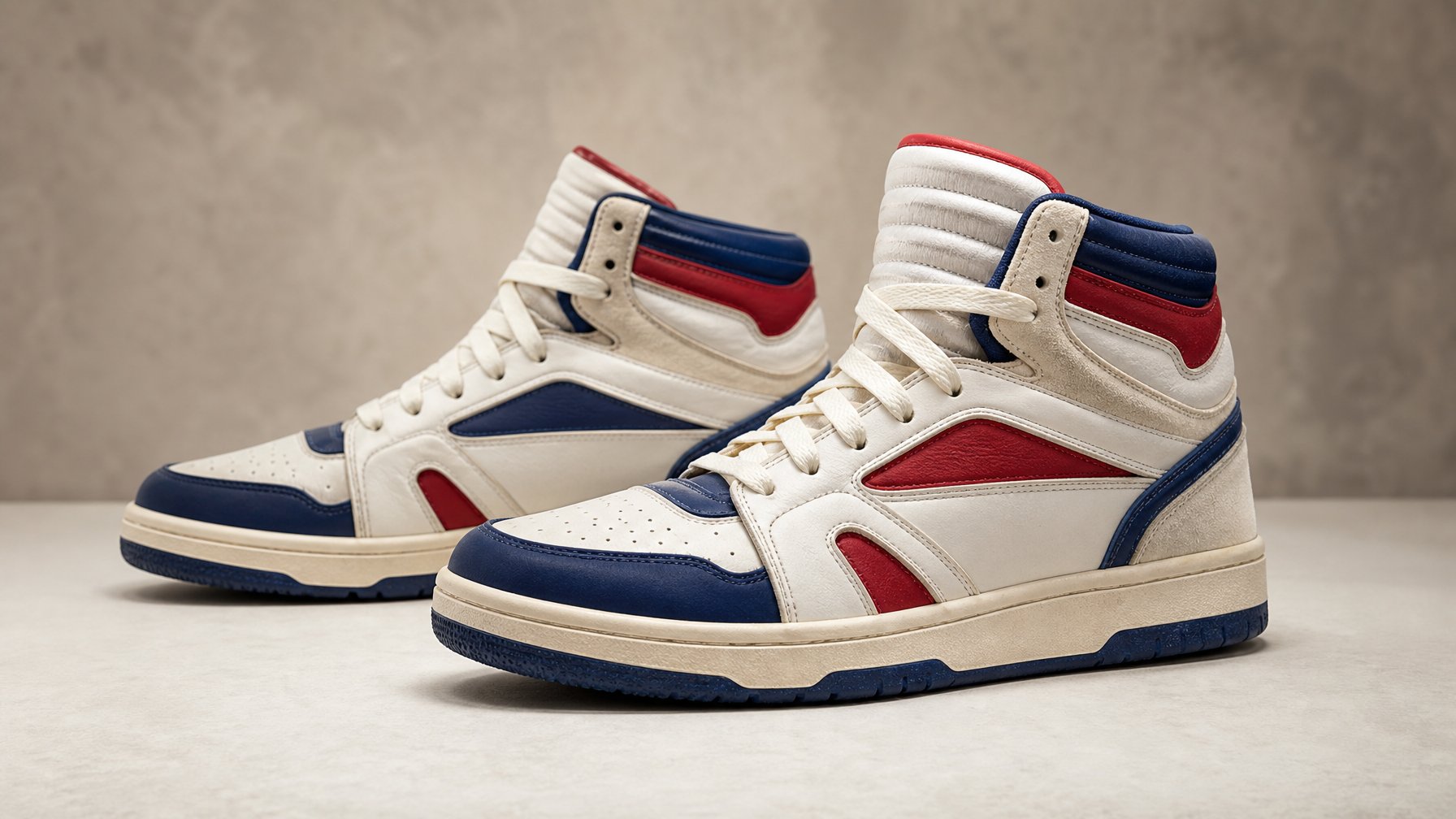 Sepasang sepatu basket retro high top diletakkan di atas permukaan studio dengan latar netral.