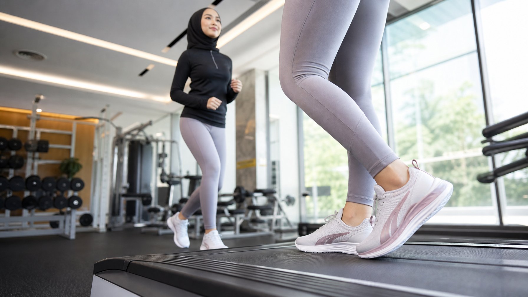 Seorang wanita berolahraga di treadmill sambil mengenakan sepatu training Puma di gym.