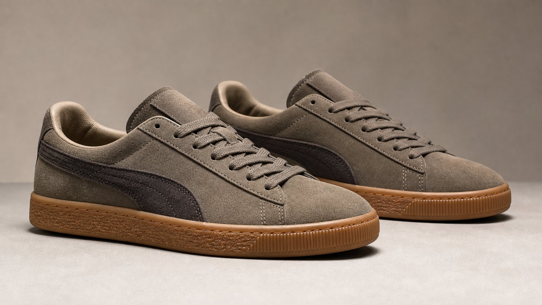 Sepasang sneakers kasual diletakkan berdampingan di atas permukaan studio.