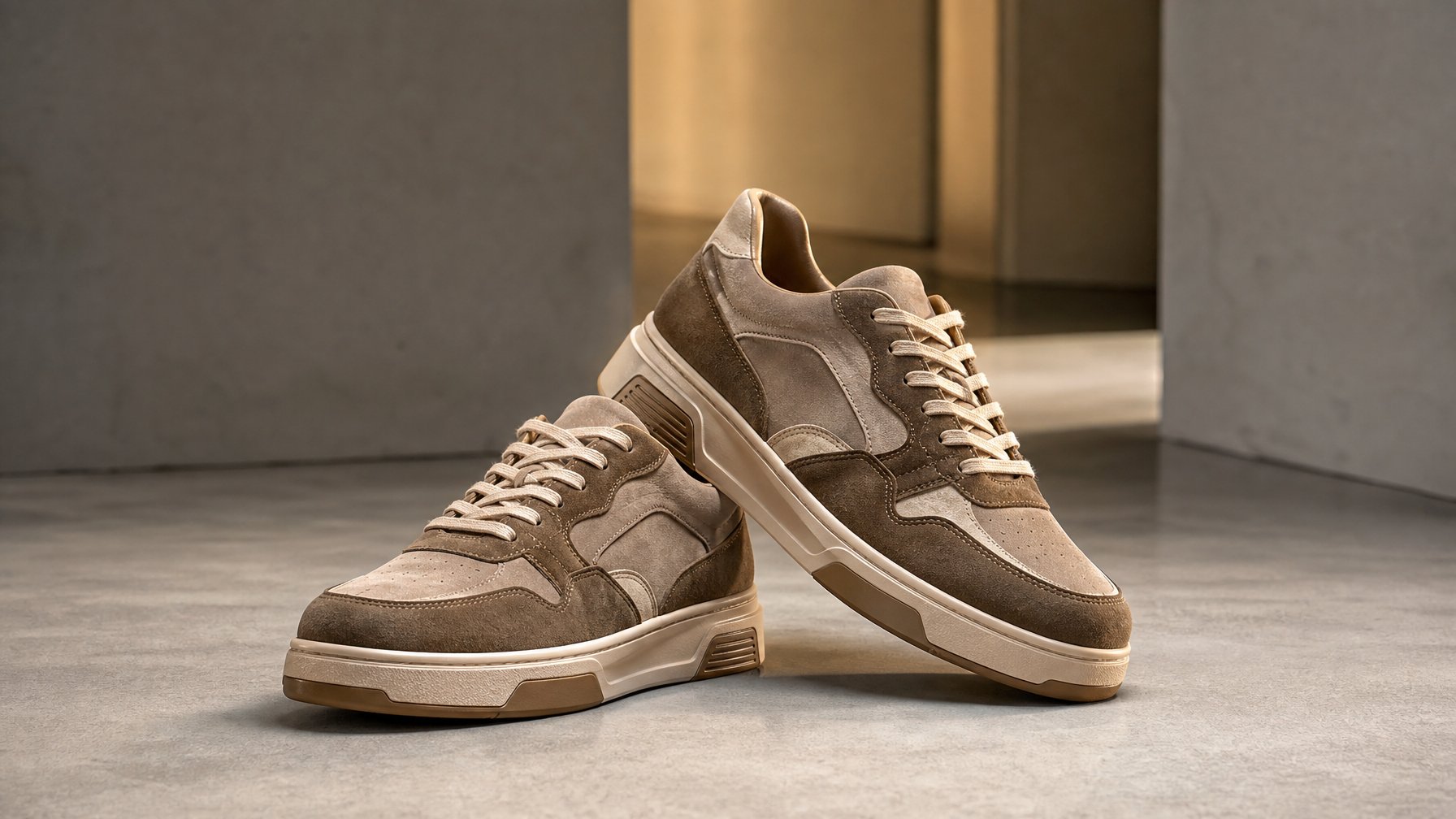 Sepasang sneakers pria diletakkan di atas permukaan minimalis dalam suasana urban.