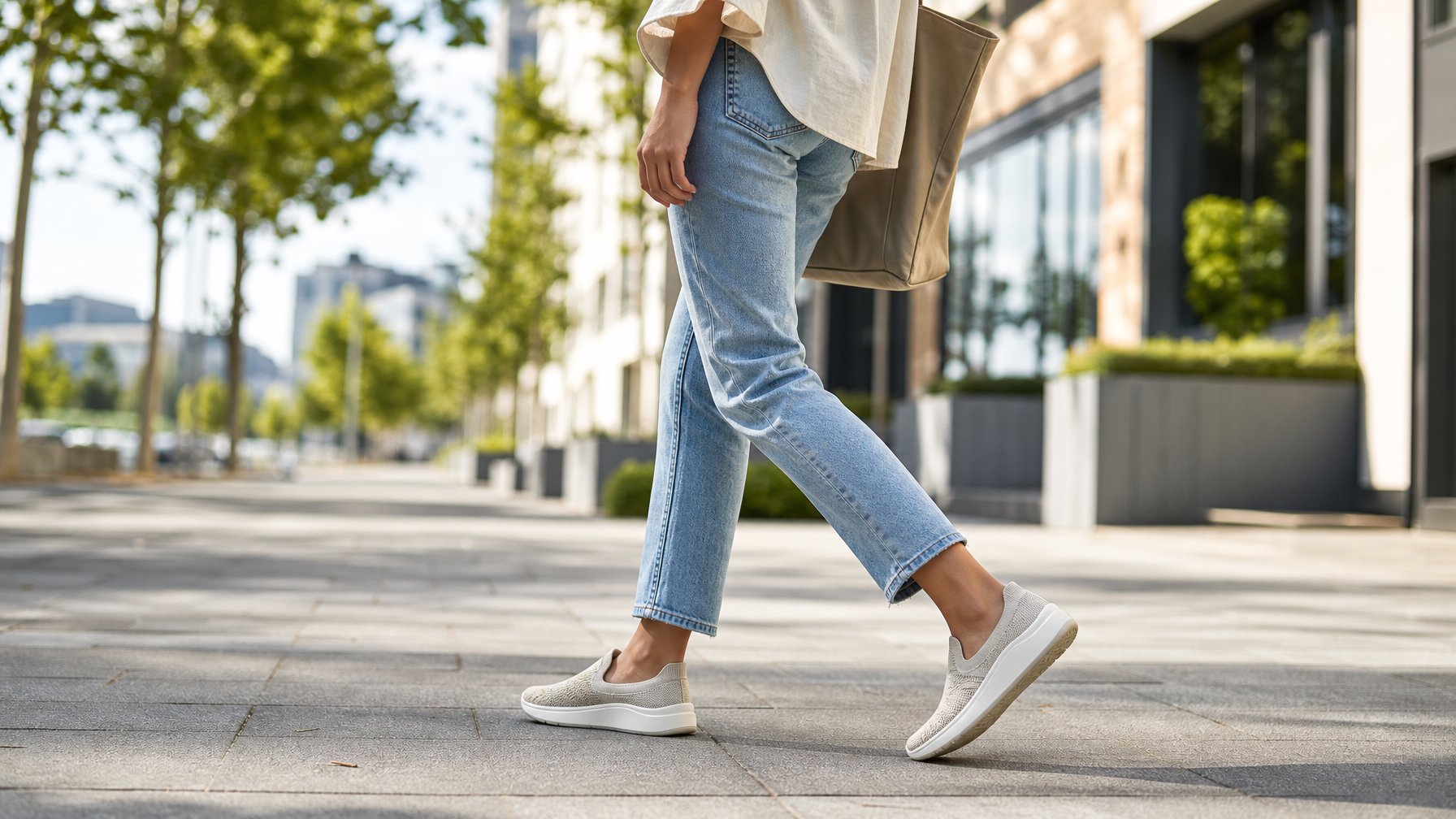 Seorang wanita berjalan santai di trotoar dengan sepatu slip-on.