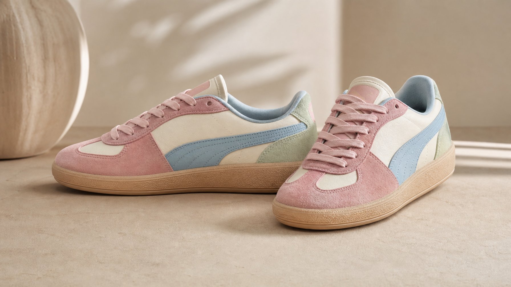Sepasang sepatu olahraga warna pastel diletakkan di atas permukaan berwarna krem.