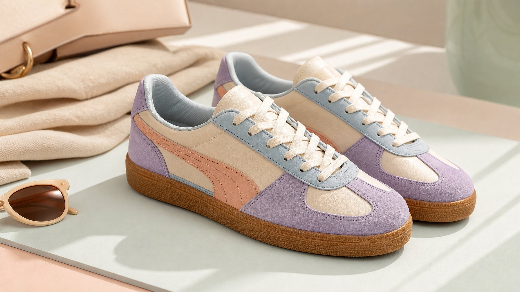 Sepasang sepatu olahraga warna pastel ditata di atas permukaan studio dengan aksesori fesyen sederhana.