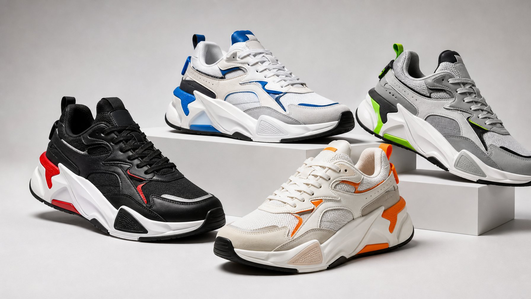 Koleksi sepatu sneakers chunky futuristik ditata rapi di atas permukaan studio.