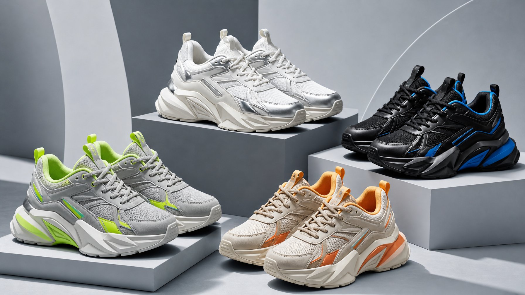 Koleksi sepatu olahraga chunky dalam beberapa warna ditata di atas podium geometris di studio modern.