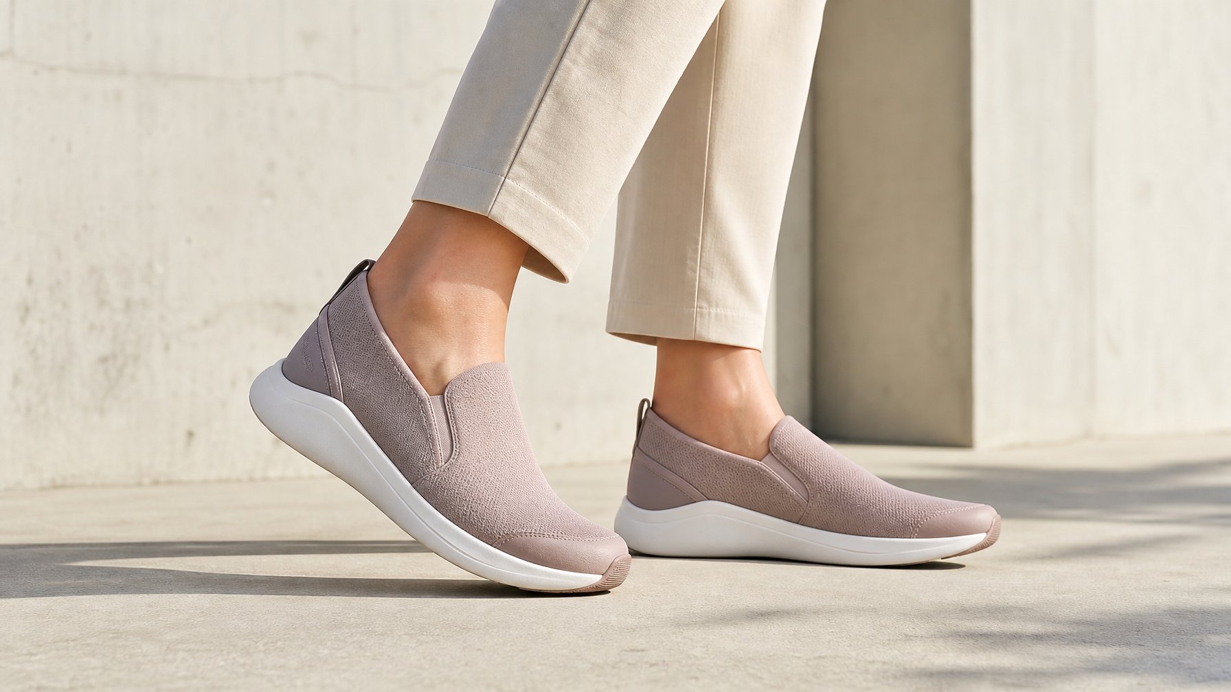 Sepasang sepatu slip-on wanita dikenakan dalam suasana kasual modern.