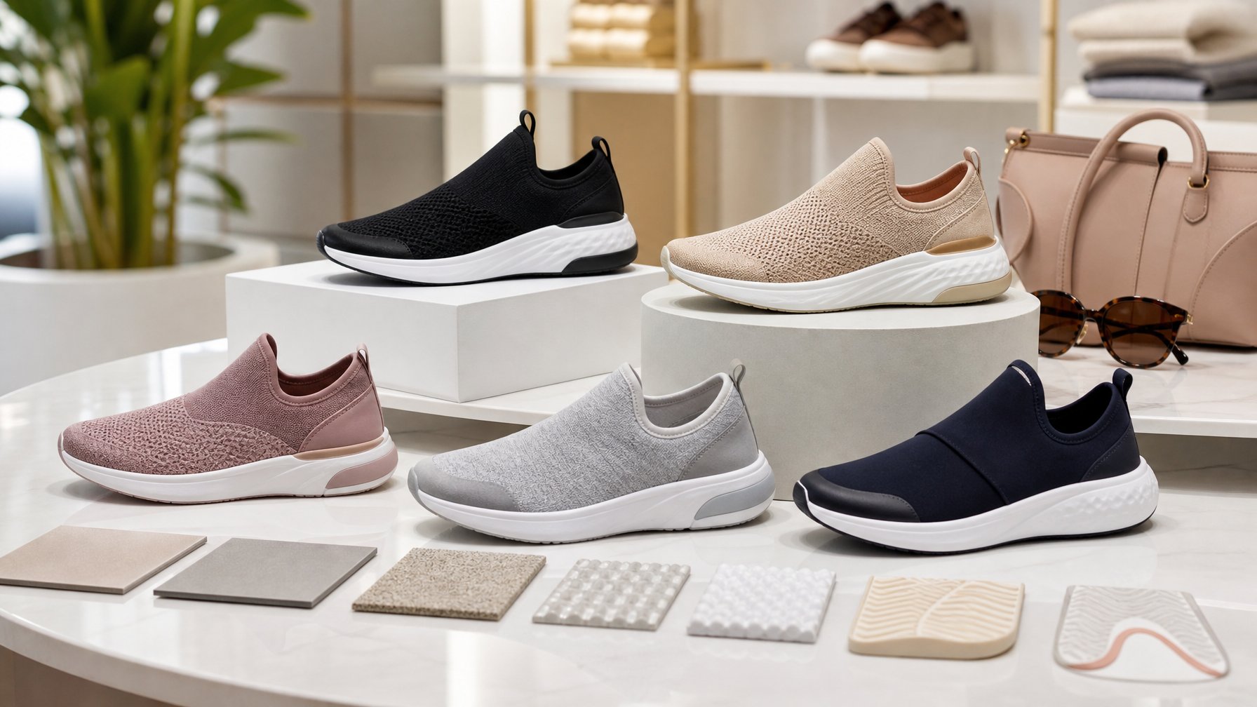 Beberapa pasang sepatu slip-on wanita ditata di atas meja pajangan dengan aksesori fesyen.