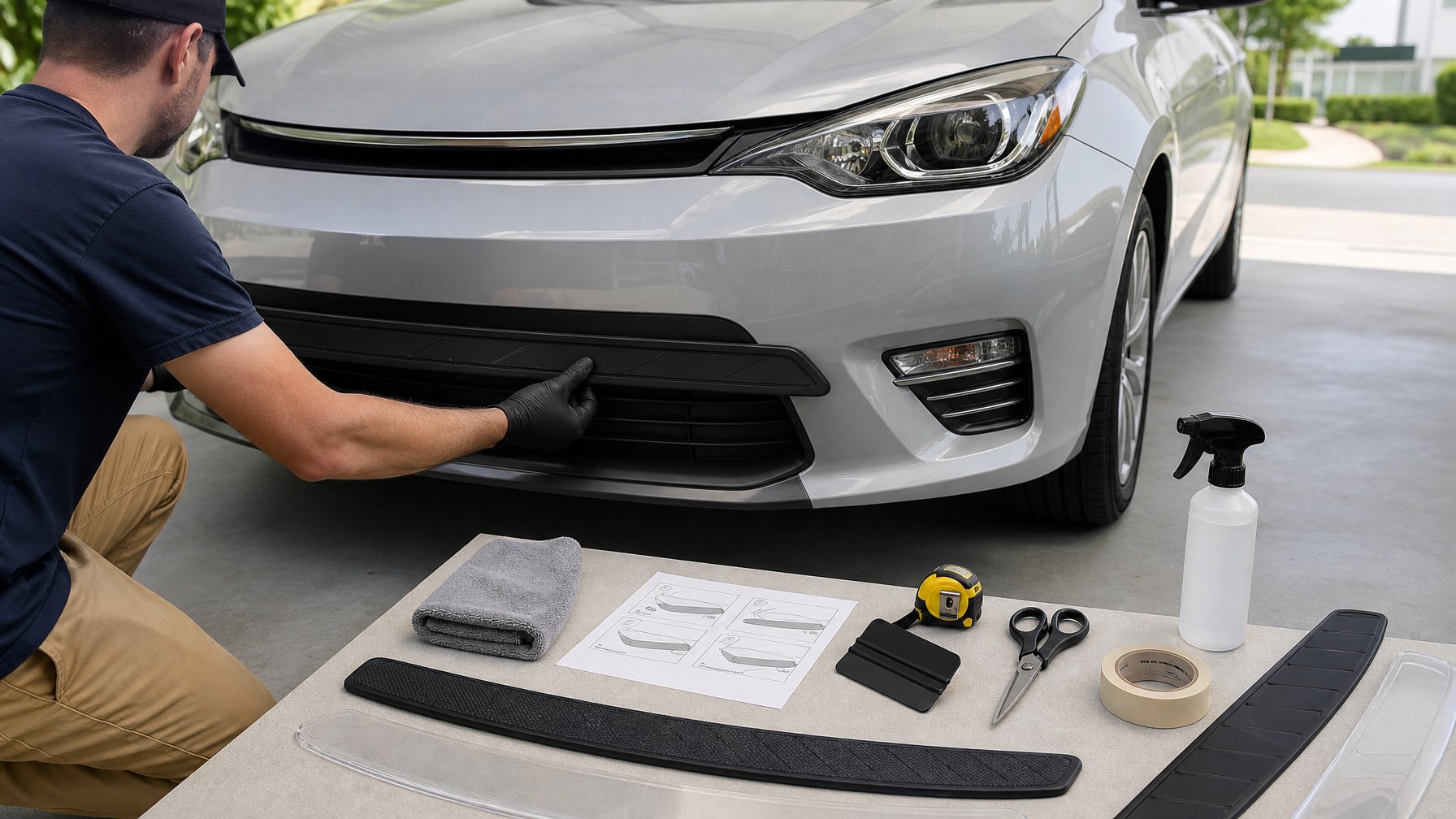 Seseorang memilih dan mengukur pelindung bumper mobil dengan peralatan persiapan di garasi.