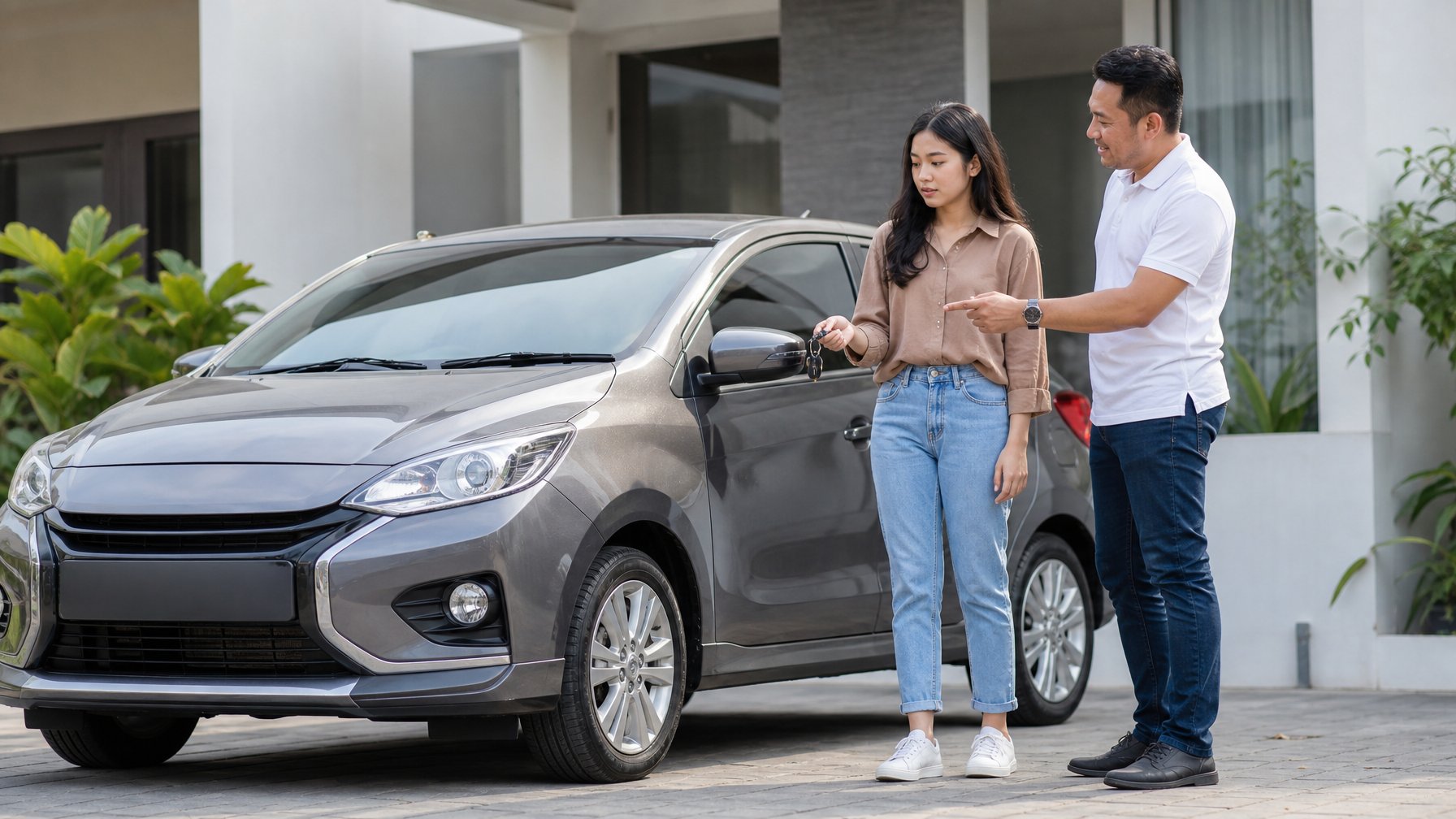 Pengemudi pemula berdiri di samping mobil dengan pelindung bumper terpasang, didampingi orang yang memberi arahan.