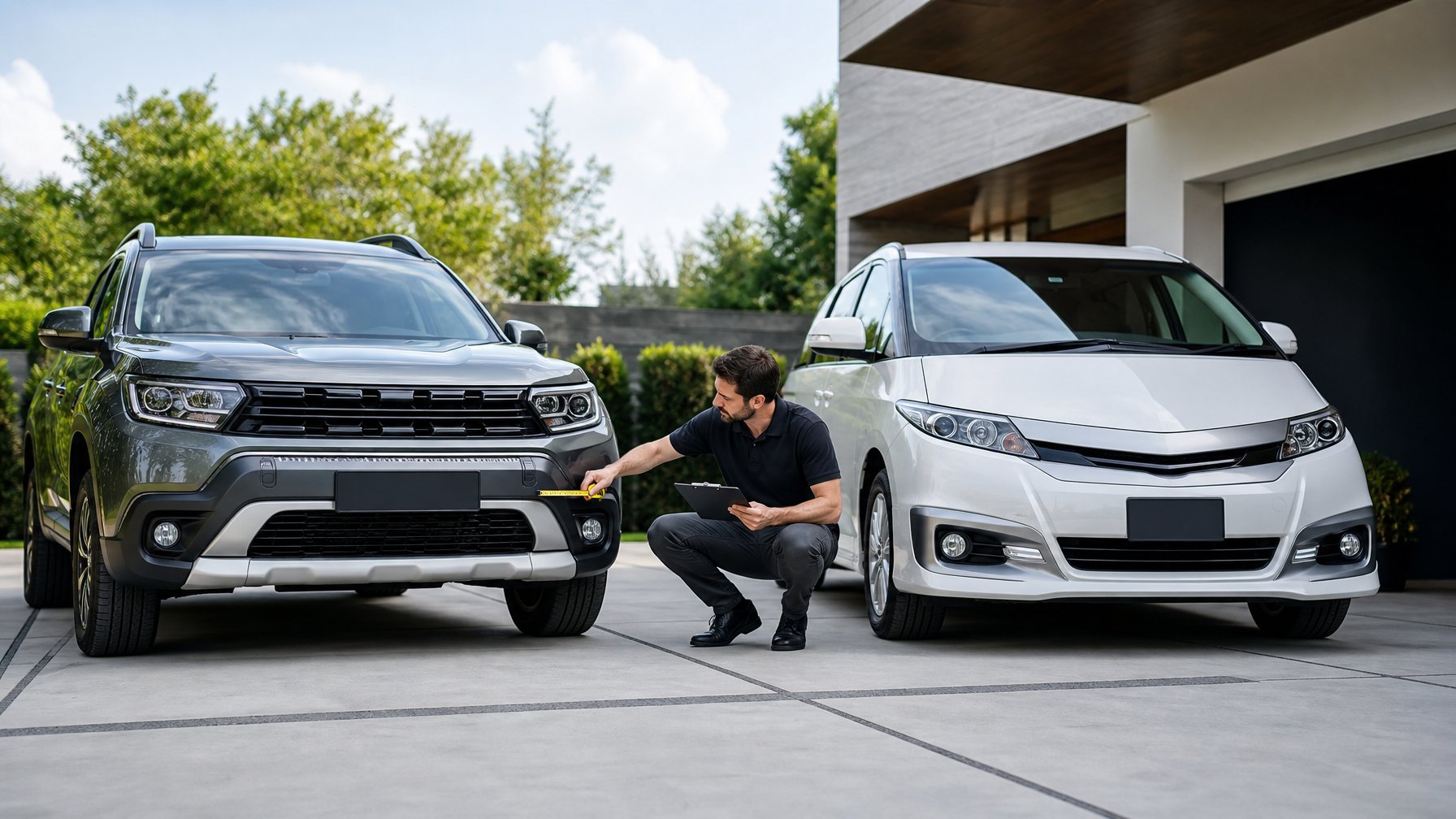 Seorang ahli otomotif membandingkan pelindung bumper pada SUV dan MPV yang terparkir di sampingnya.