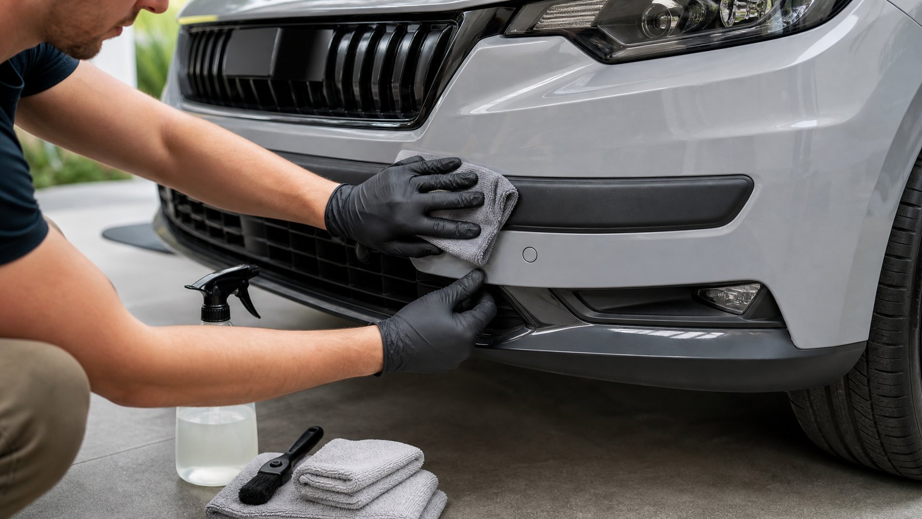 Seseorang membersihkan pelindung bumper mobil dengan kain mikrofiber di garasi.