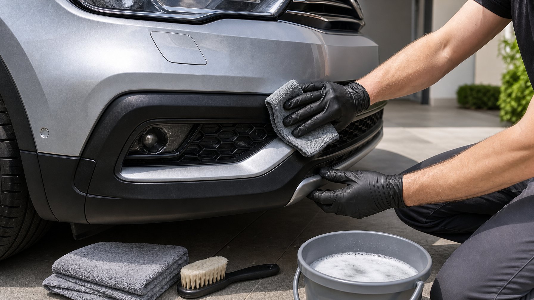 Seseorang membersihkan pelindung bumper mobil dengan kain mikrofiber di area yang rapi.