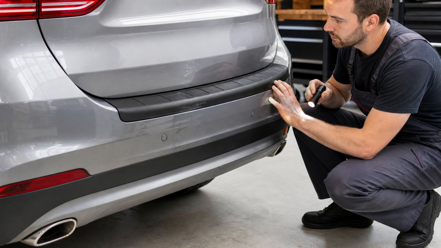 Seseorang memeriksa pelindung plastik pada bumper belakang mobil yang menunjukkan area terlindungi dan sedikit bekas penggunaan.