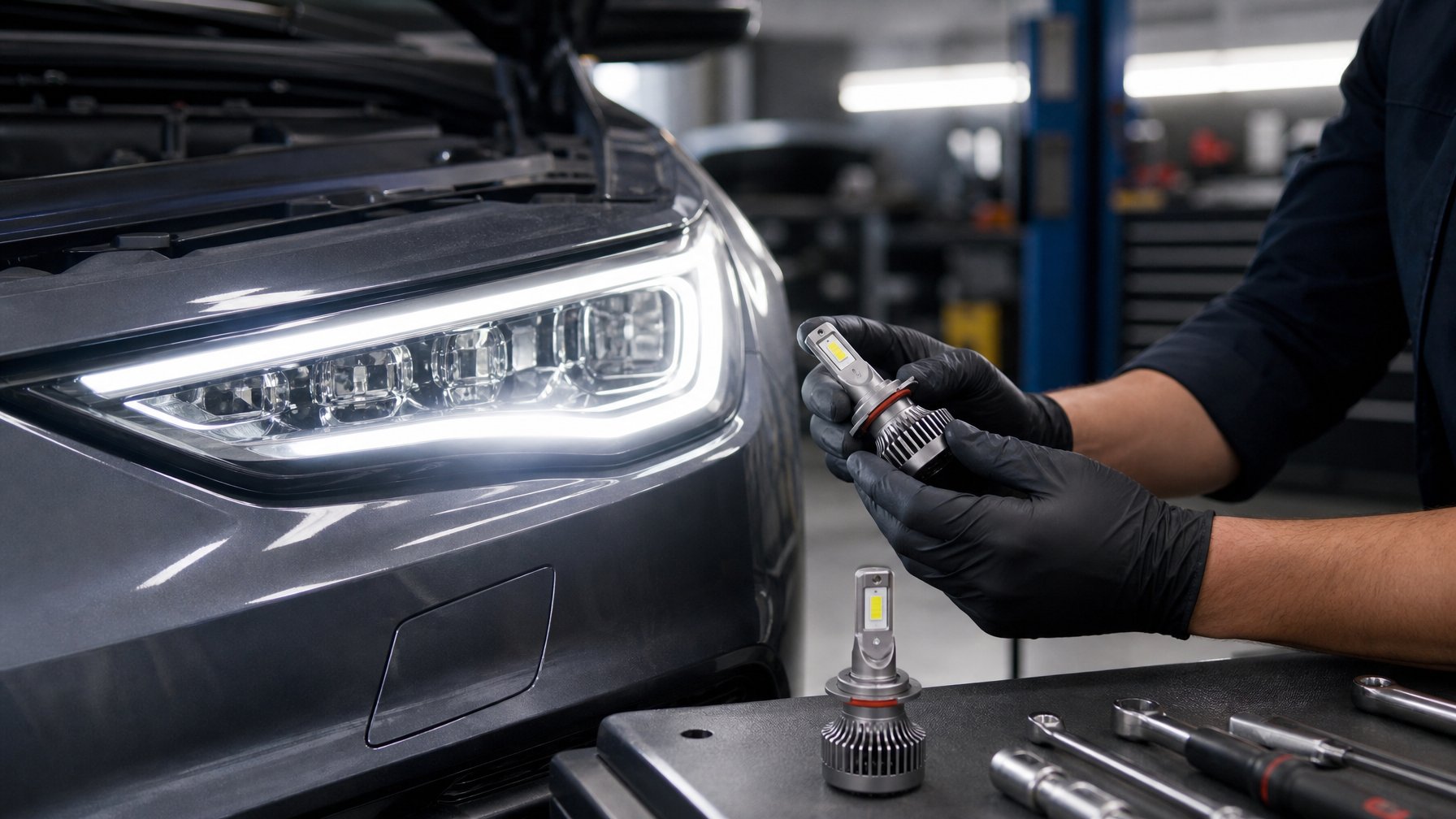 Lampu LED mobil menyala terang saat diperiksa dan dipasang di bengkel otomotif.