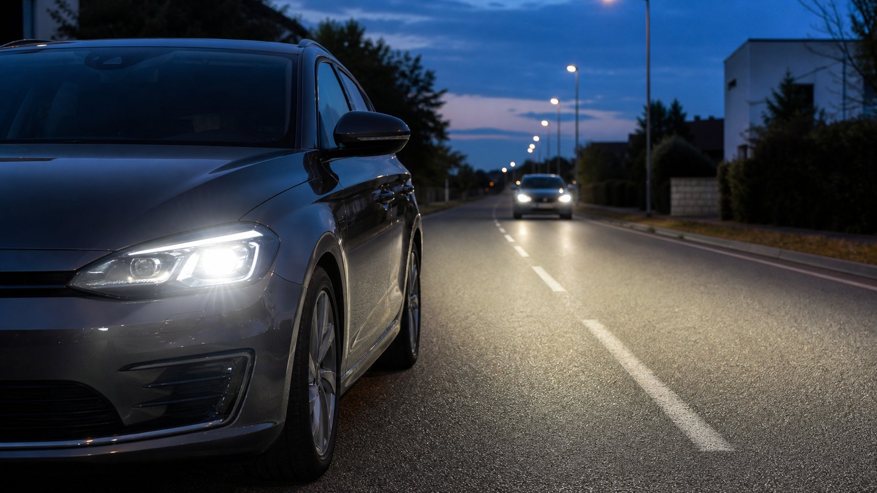 Mobil modern dengan lampu LED putih yang menerangi jalan secara merata tanpa menyilaukan kendaraan dari arah berlawanan.