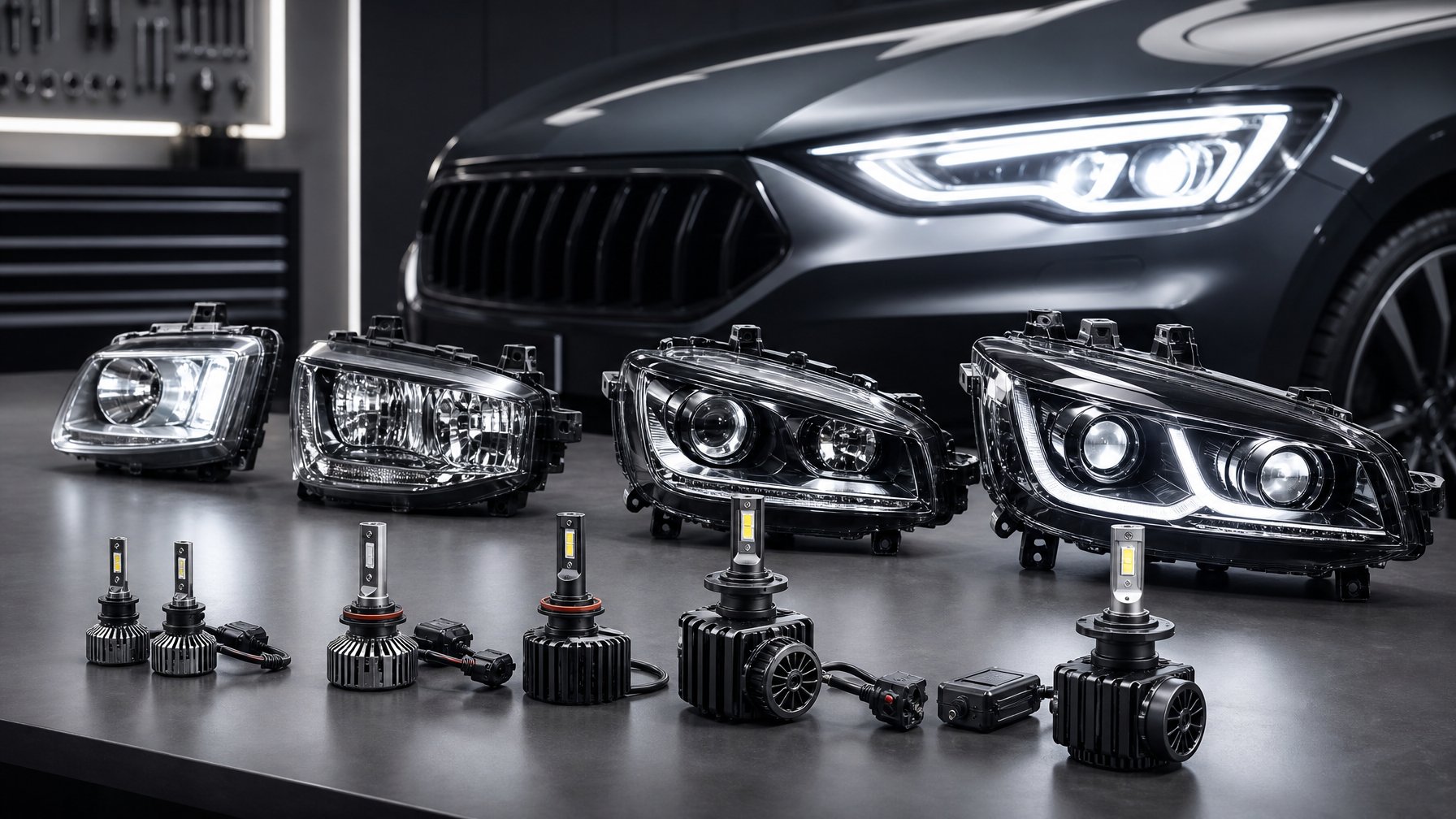 Berbagai tipe lampu utama LED mobil tersusun rapi di showroom dengan sebuah mobil modern di latar belakang.
