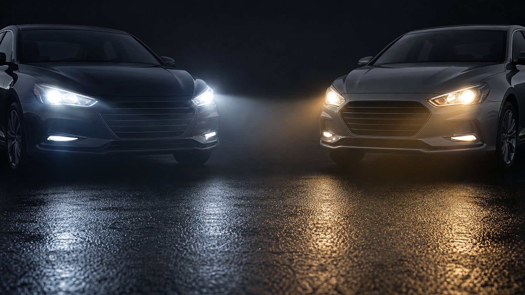 Dua mobil berdampingan dengan lampu LED putih terang dan lampu halogen kuning yang lebih redup.