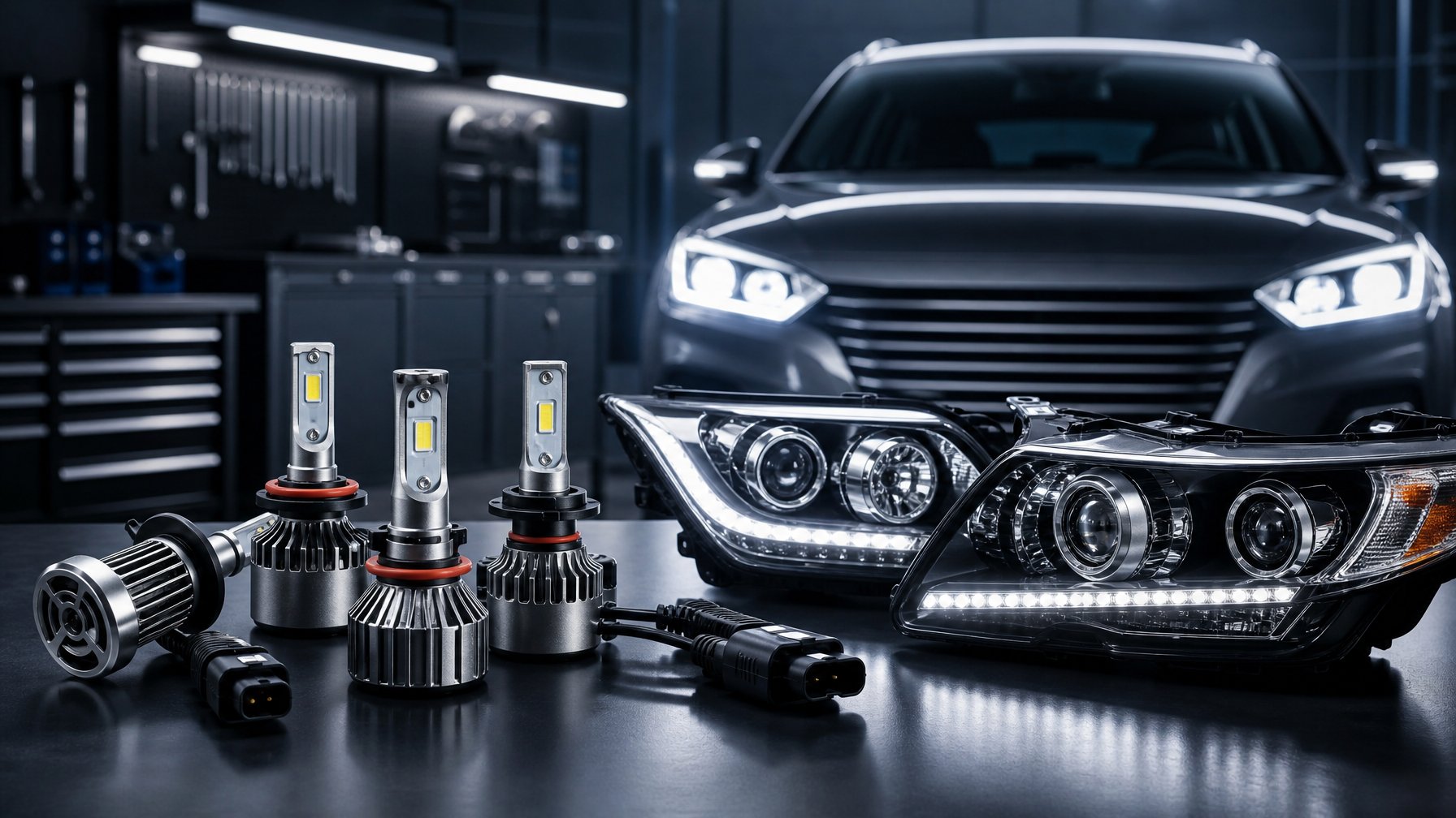 Lampu LED mobil dan kendaraan dengan lampu depan menyala di dalam bengkel modern.