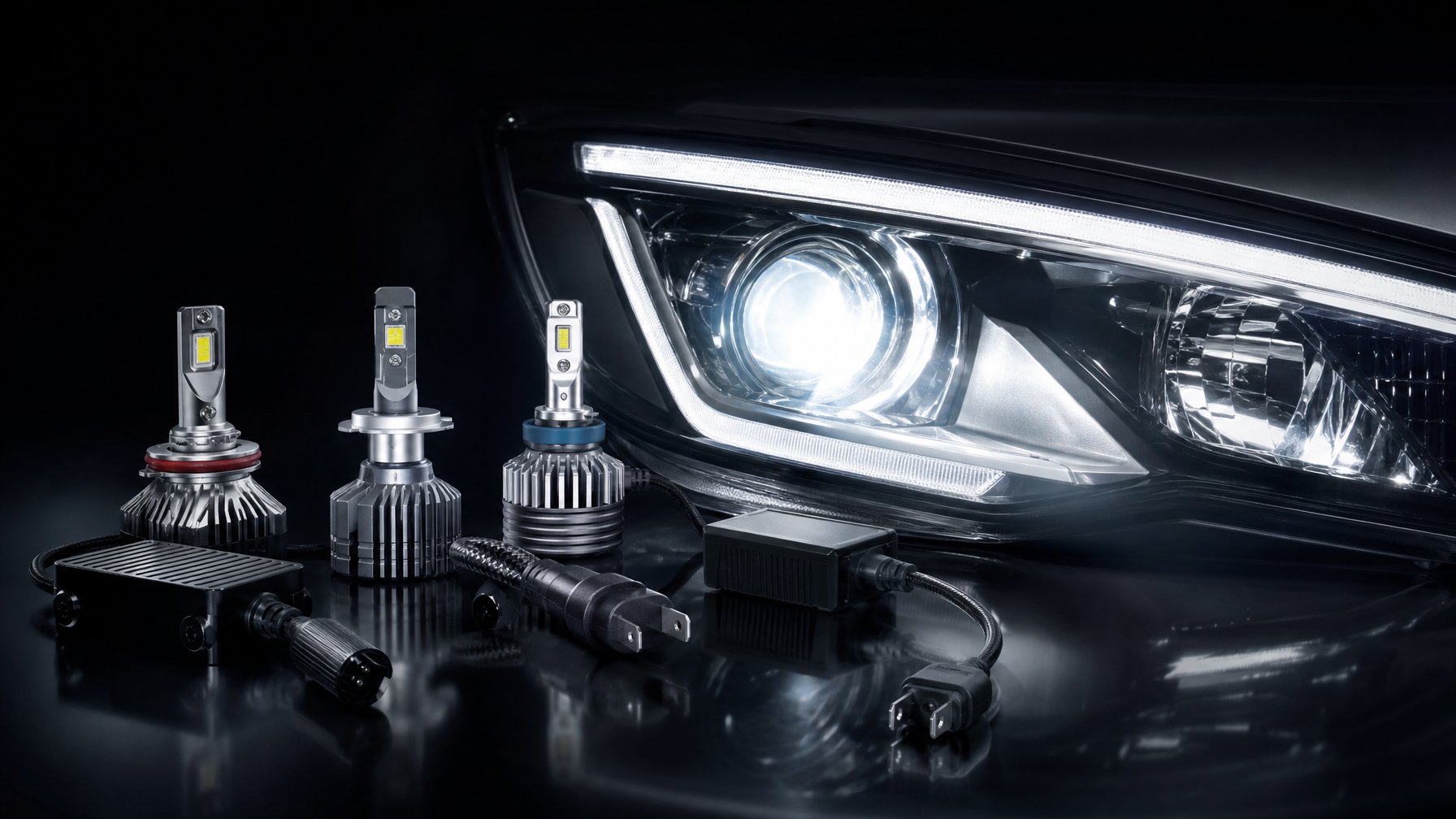 Tiga lampu LED mobil premium disusun di samping rumah lampu depan mobil dengan sorotan putih yang fokus.