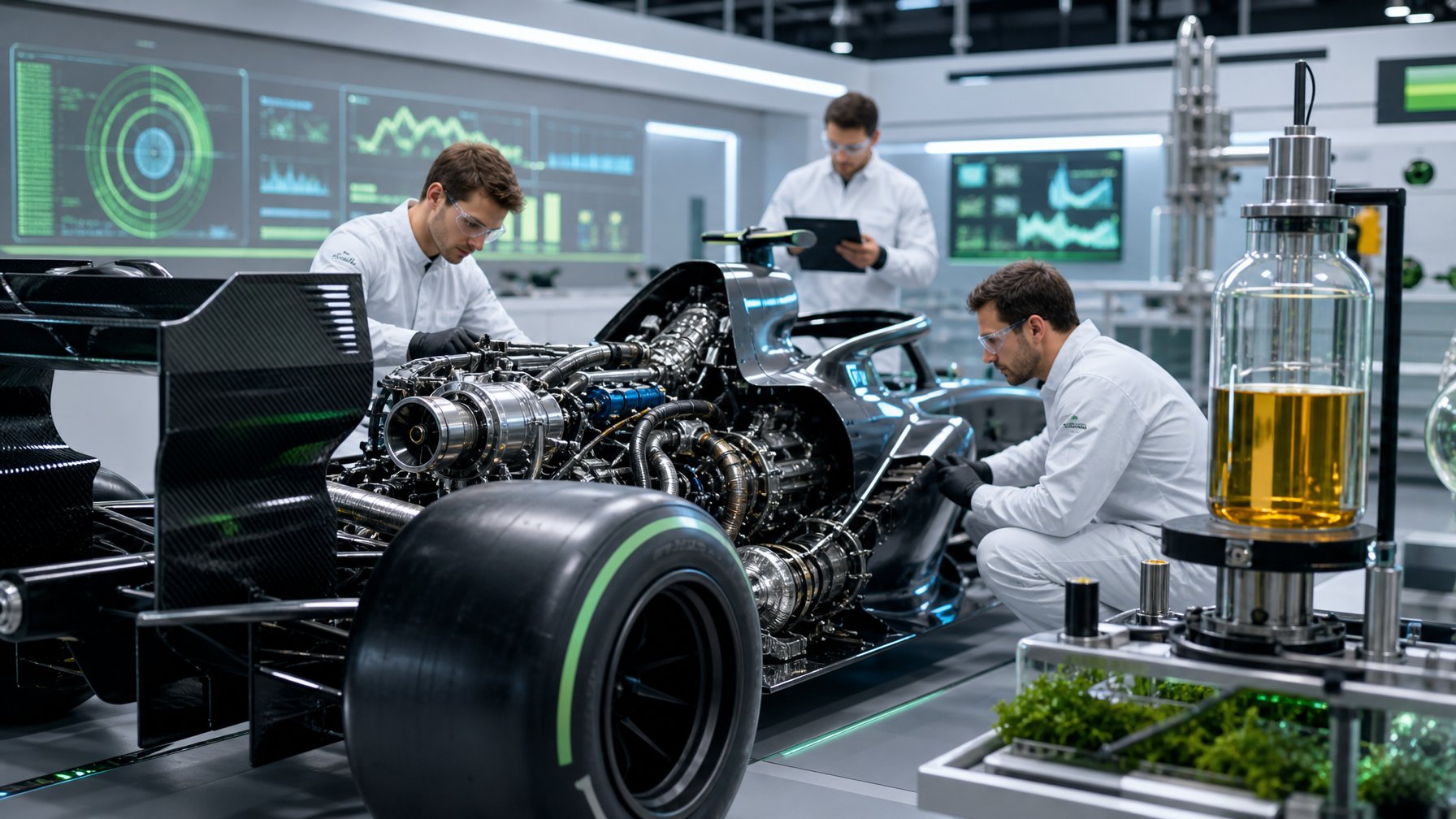 Teknisi memeriksa mesin mobil Formula 1 dan sistem bahan bakar berkelanjutan di laboratorium teknik.