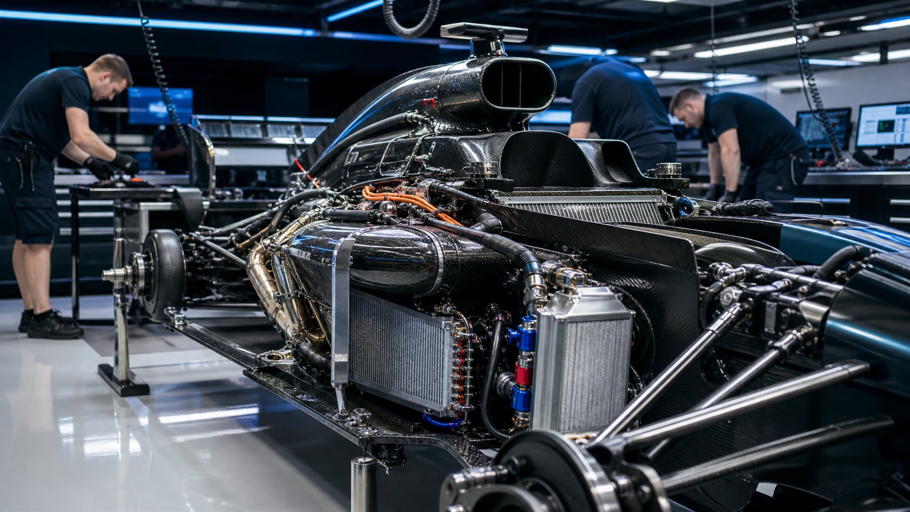 Mobil Formula 1 dengan bagian mesin terbuka memperlihatkan sistem pendingin dan komponen teknis di garasi balap.