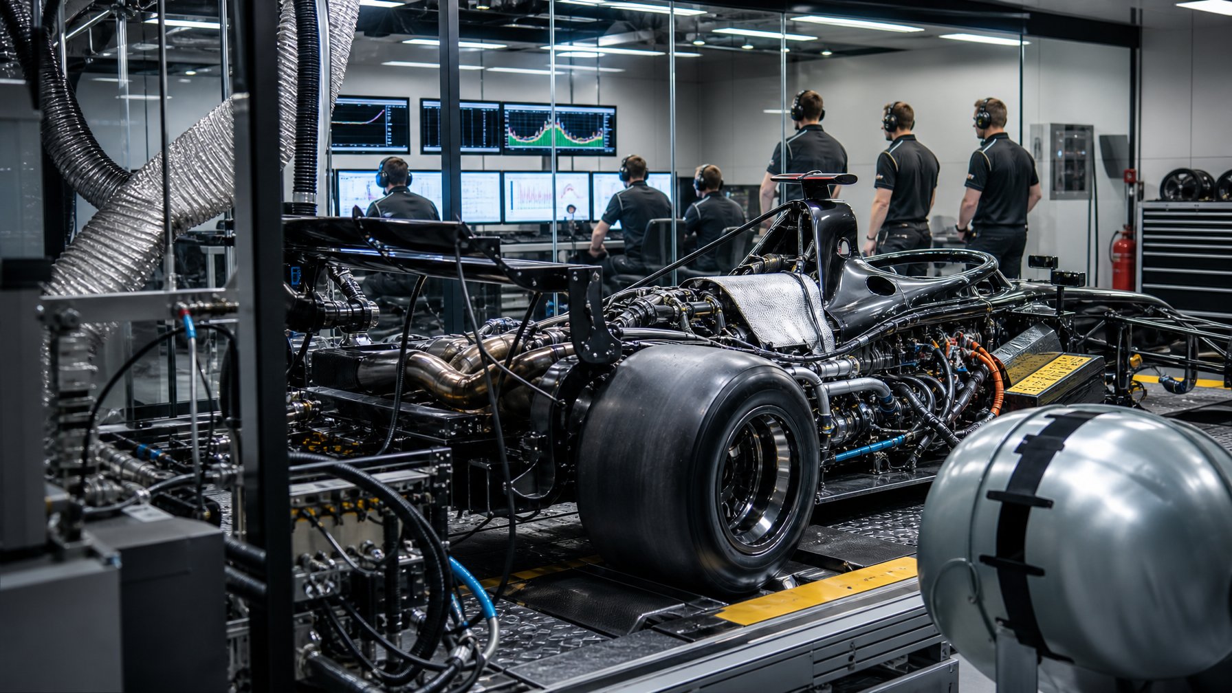 Insinyur tim Formula 1 memantau pengujian ketahanan mesin mobil balap di fasilitas laboratorium.