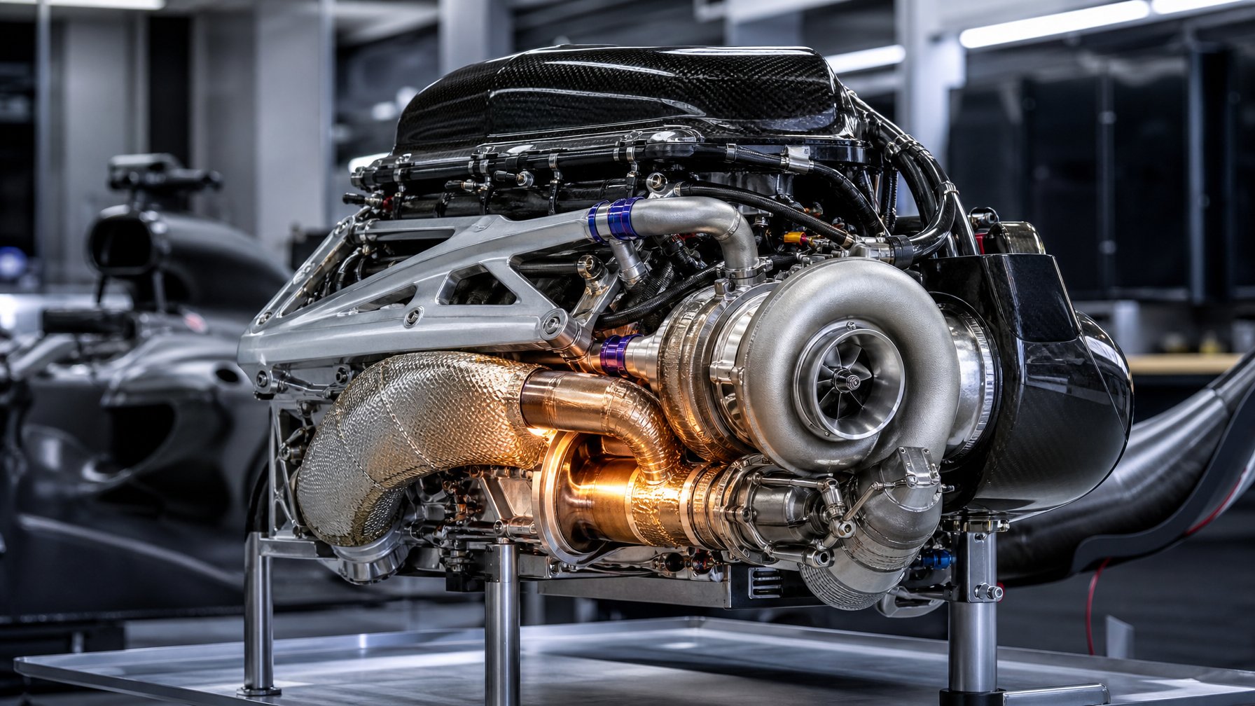 Turbocharger terlihat terpasang pada mesin Formula 1 modern di lingkungan laboratorium teknik.