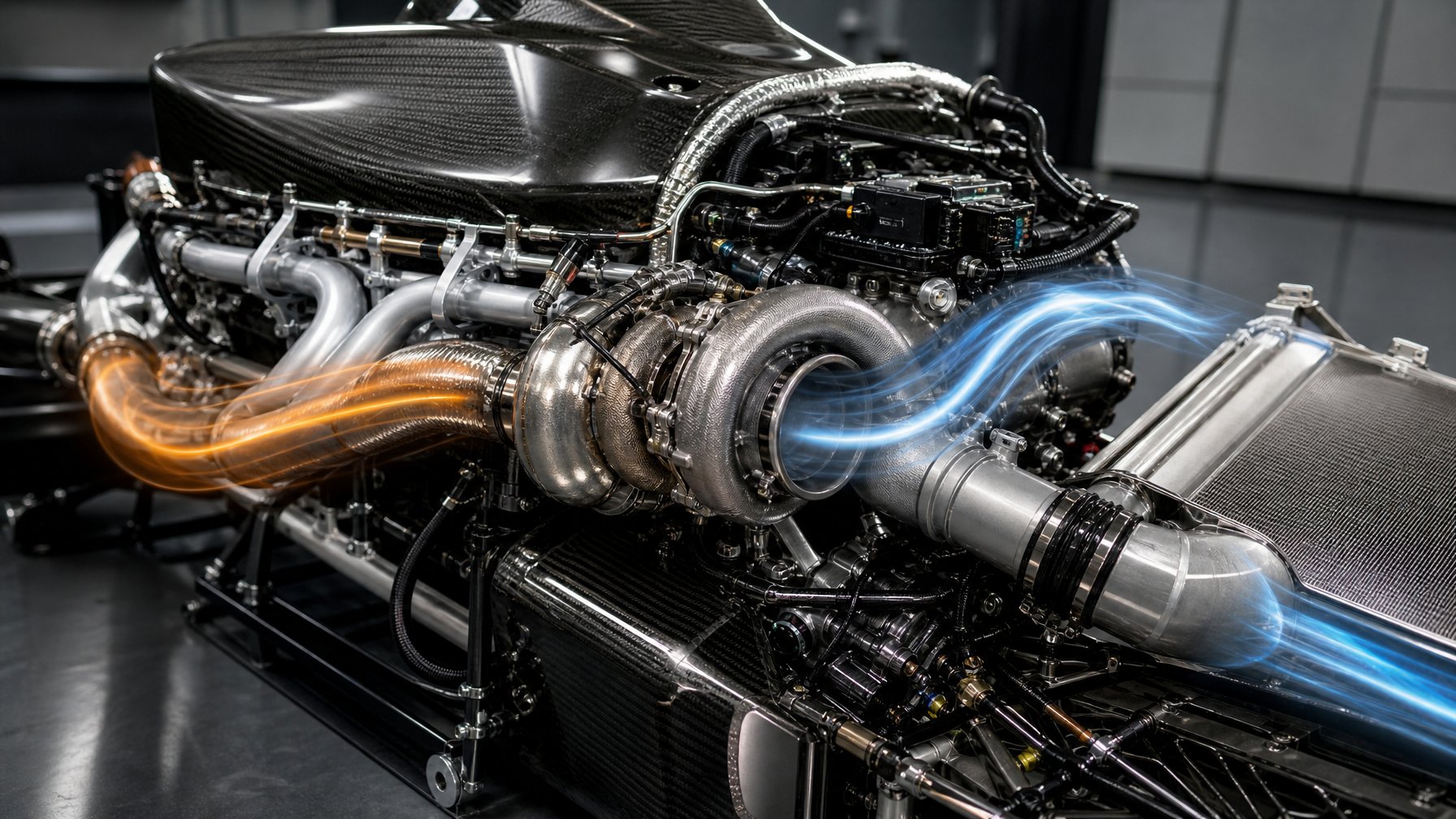 Turbocharger terpasang pada unit tenaga Formula 1 modern di dalam bengkel teknik.
