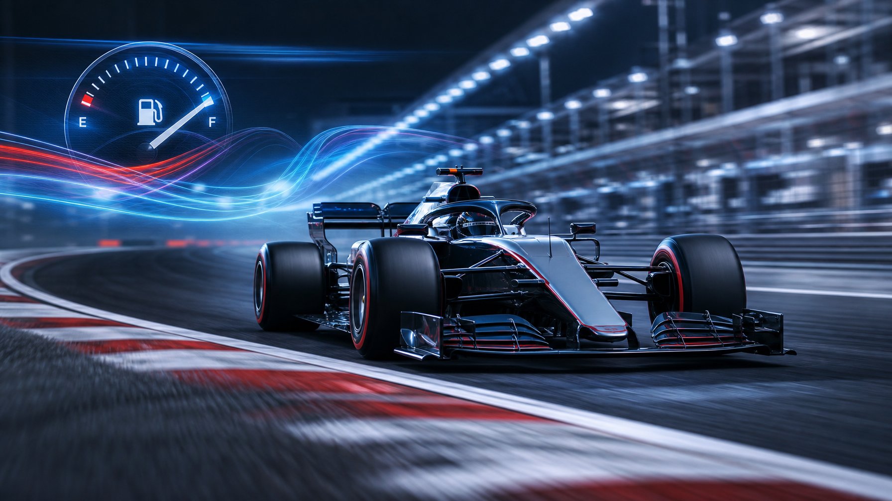 Mobil Formula 1 melaju di tikungan sirkuit dengan elemen visual abstrak yang menggambarkan konsumsi bahan bakar.