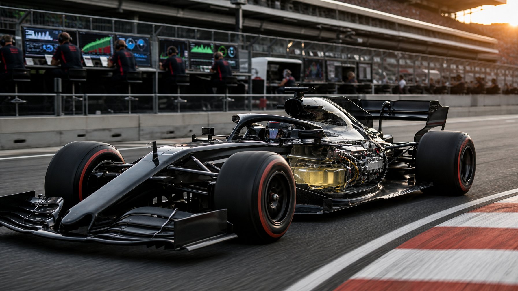 Mobil Formula 1 melaju di tikungan sirkuit dengan area pit dan teknisi di latar belakang.