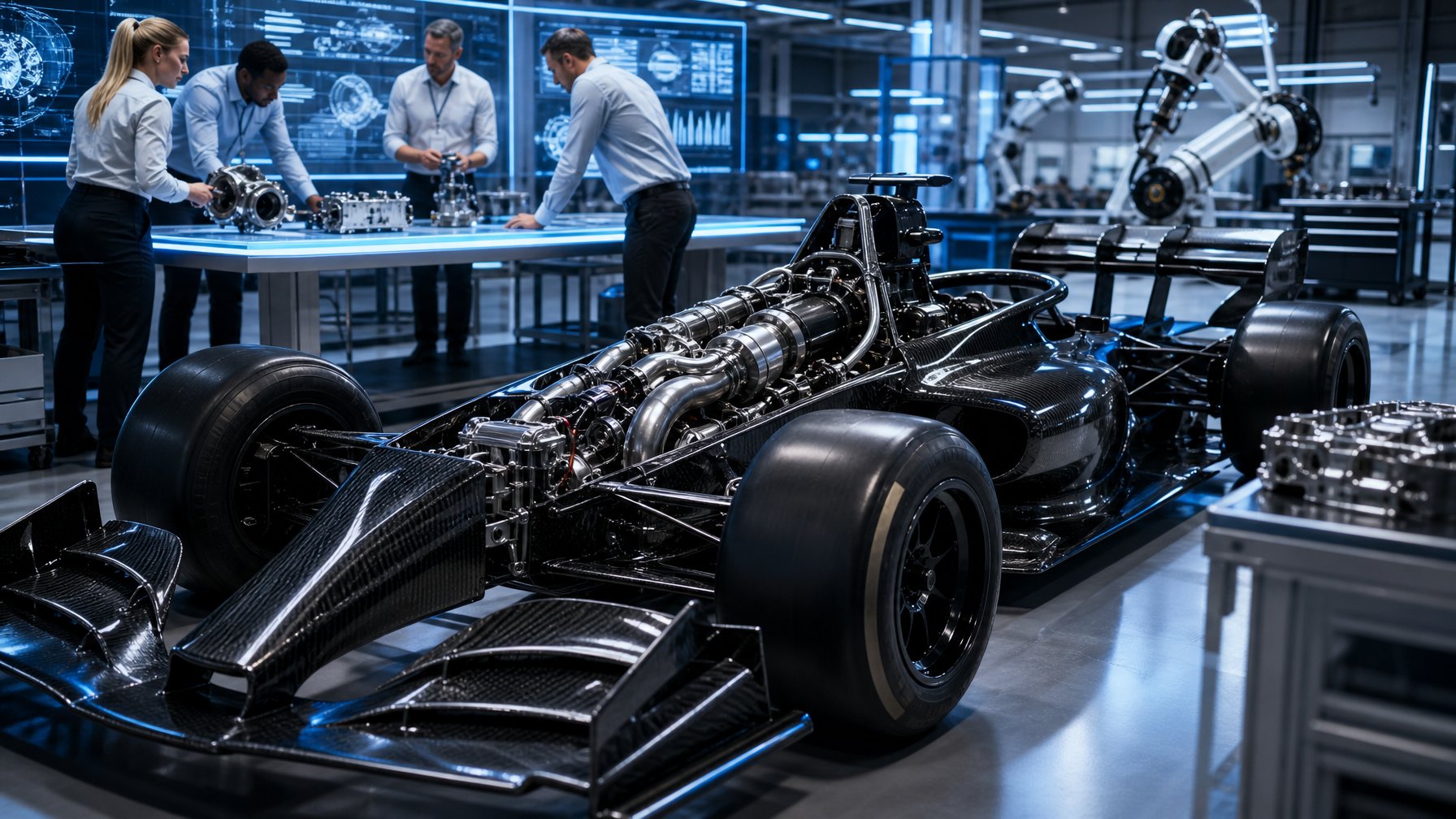 Mobil balap Formula 1 dan mesin berteknologi tinggi diperiksa oleh tim insinyur di fasilitas manufaktur modern.