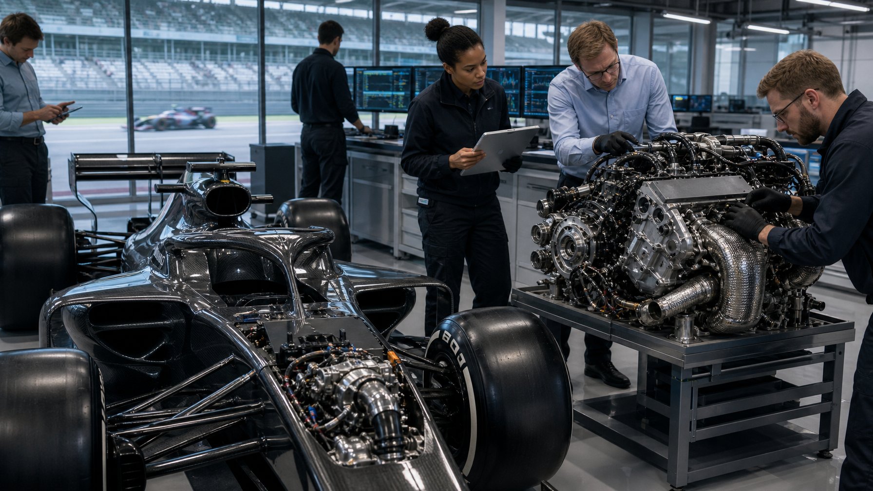 Para insinyur memeriksa mesin hibrida Formula 1 di fasilitas riset otomotif modern.
