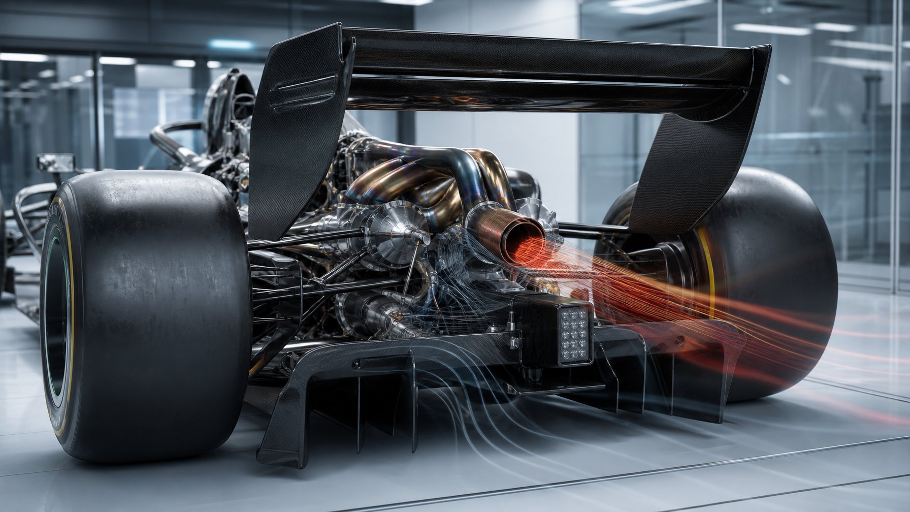 Bagian belakang mobil Formula 1 dengan sistem knalpot dan komponen mesin yang terlihat di fasilitas teknik berteknologi tinggi.