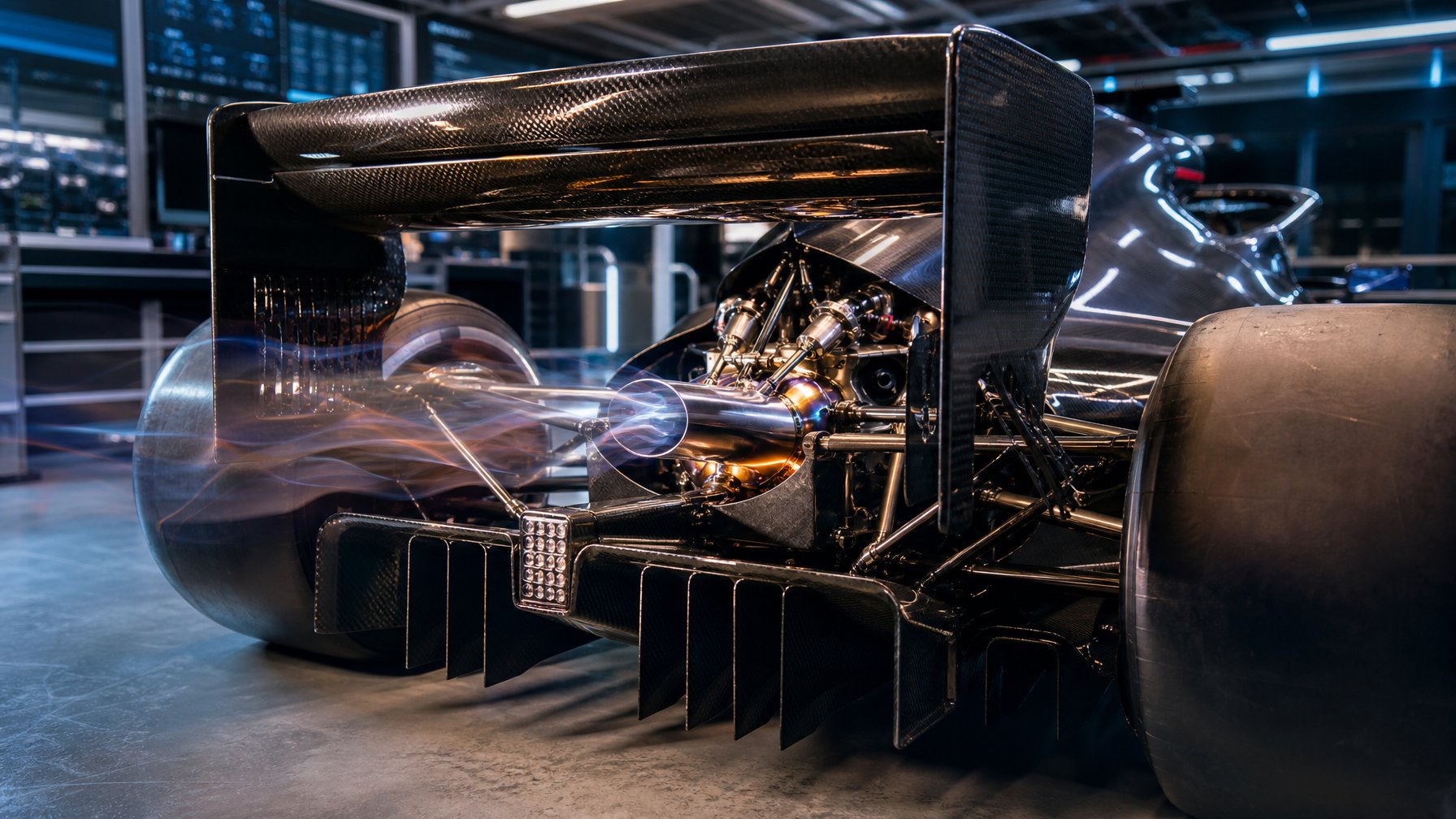 Mobil Formula 1 terlihat dari belakang dengan sistem knalpot dan aliran gas panas yang tampak di area mesin.