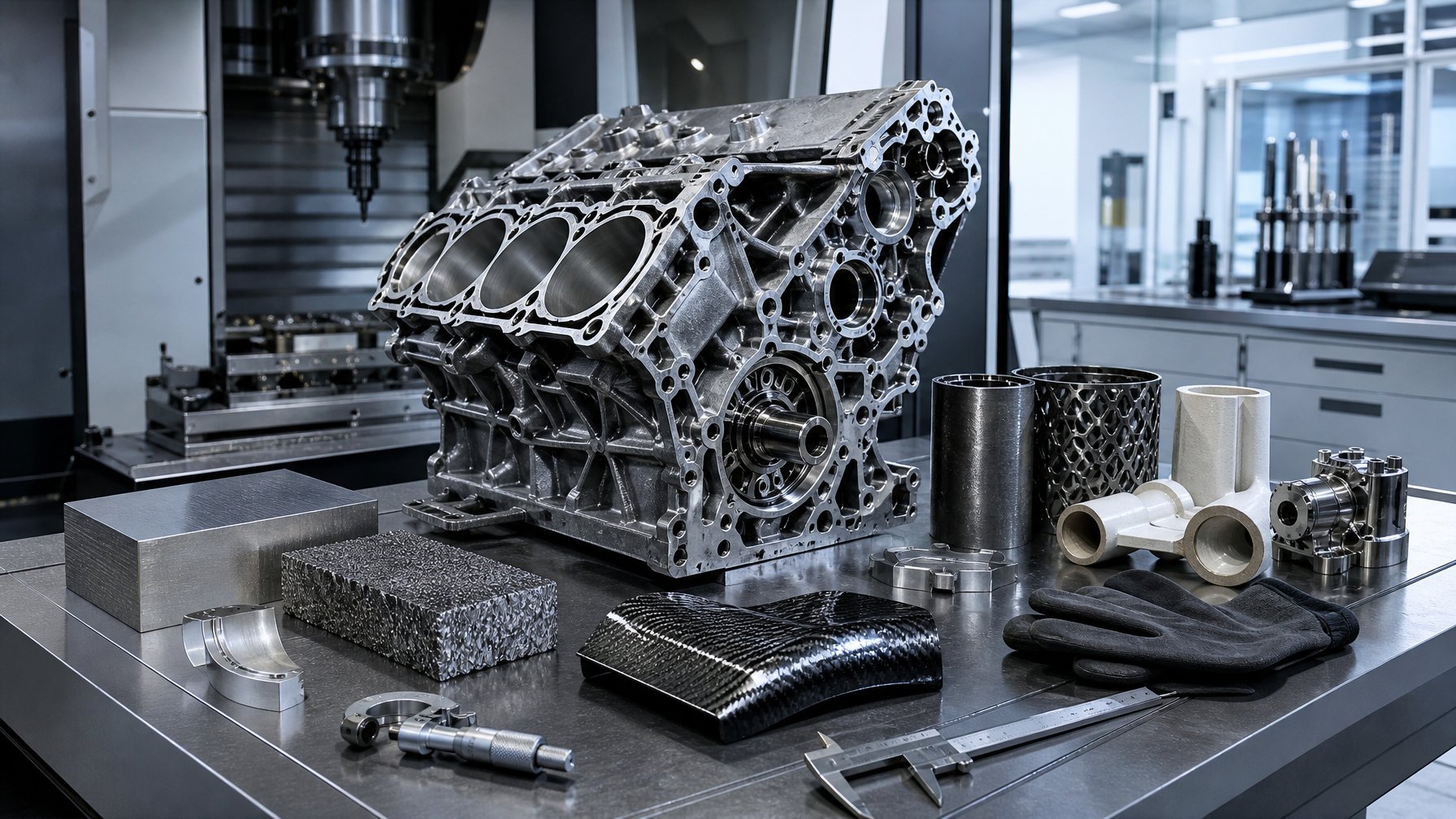 Blok mesin Formula 1 yang sedang dikerjakan dikelilingi sampel berbagai material eksotis di bengkel teknik.
