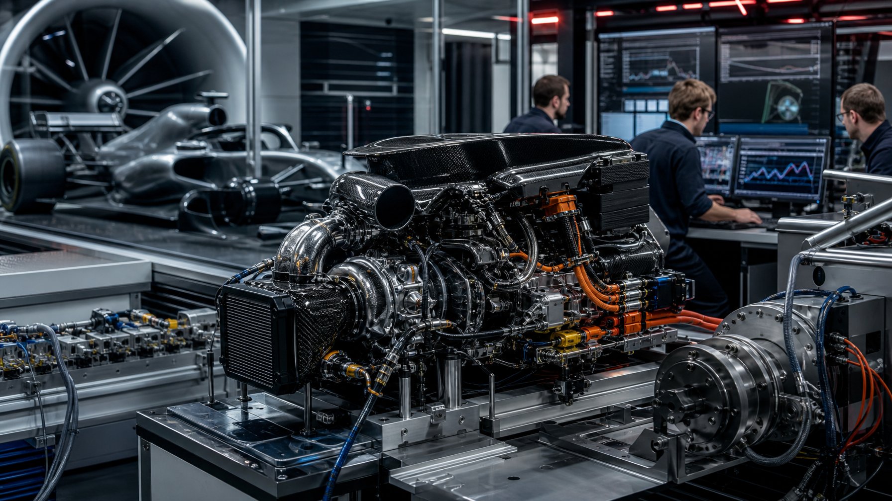 Insinyur mengembangkan unit tenaga hibrida mobil balap Formula 1 di laboratorium teknik.
