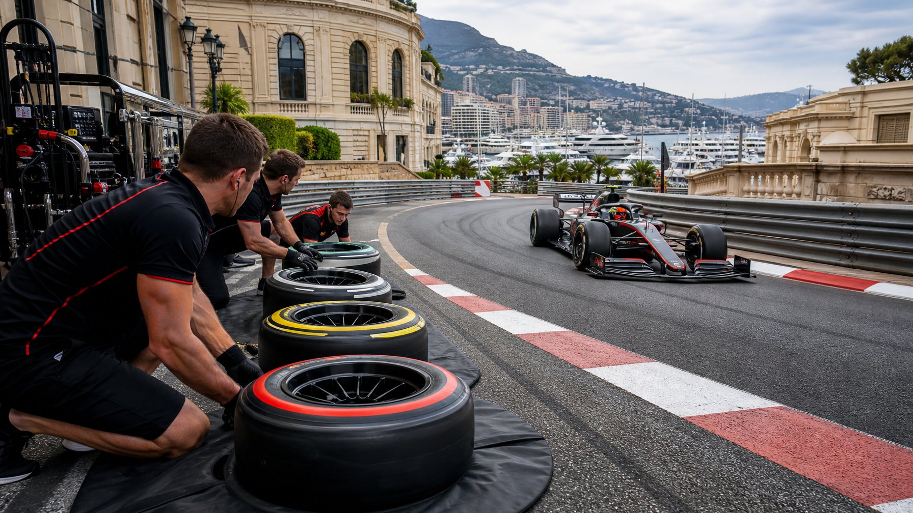 Mobil Formula 1 melaju di tikungan sirkuit jalanan Monte Carlo, sementara kru pit menyiapkan beberapa ban balap.