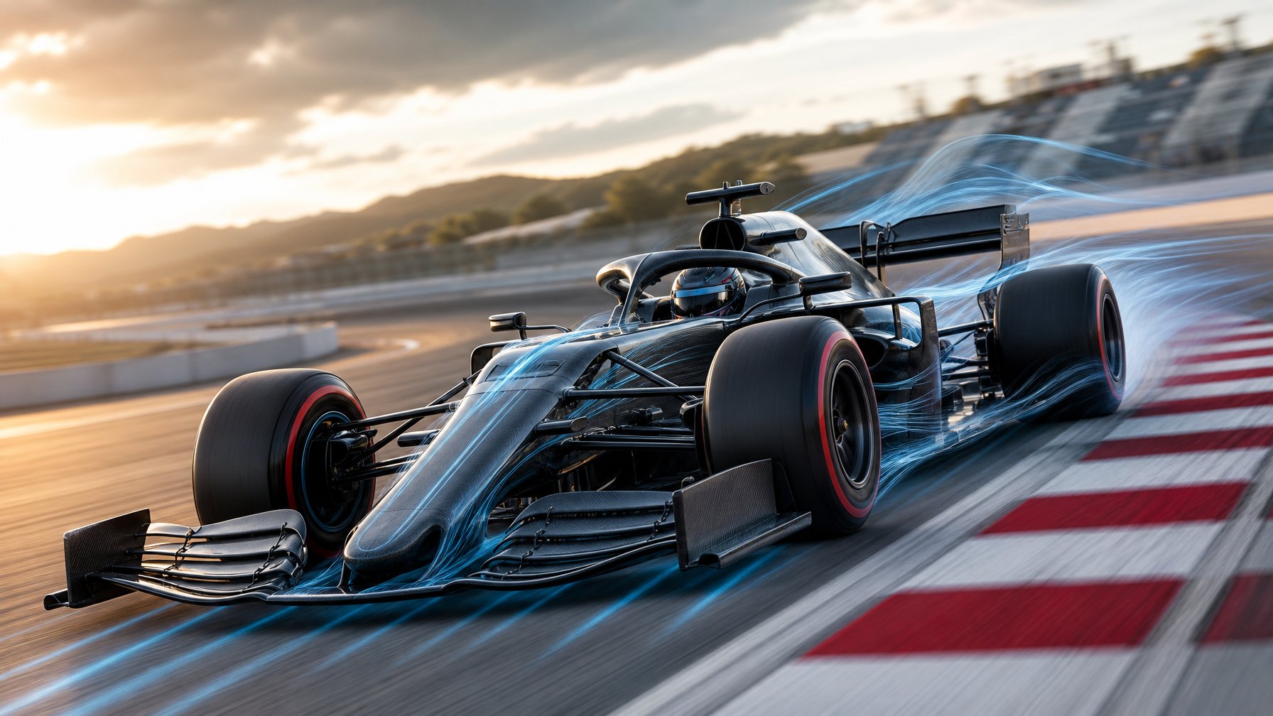Mobil Formula 1 modern melaju kencang saat menikung di sirkuit dengan aliran udara mengelilingi bodinya.