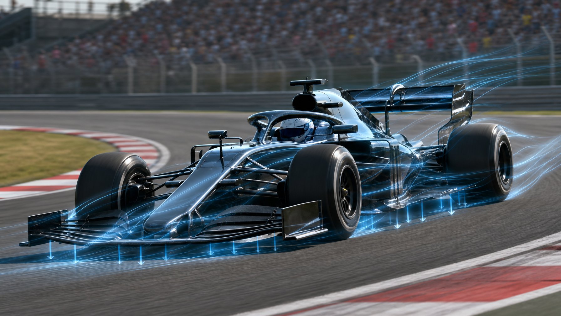 Mobil Formula 1 modern melaju menikung dengan aliran udara transparan yang mengelilingi bodinya.