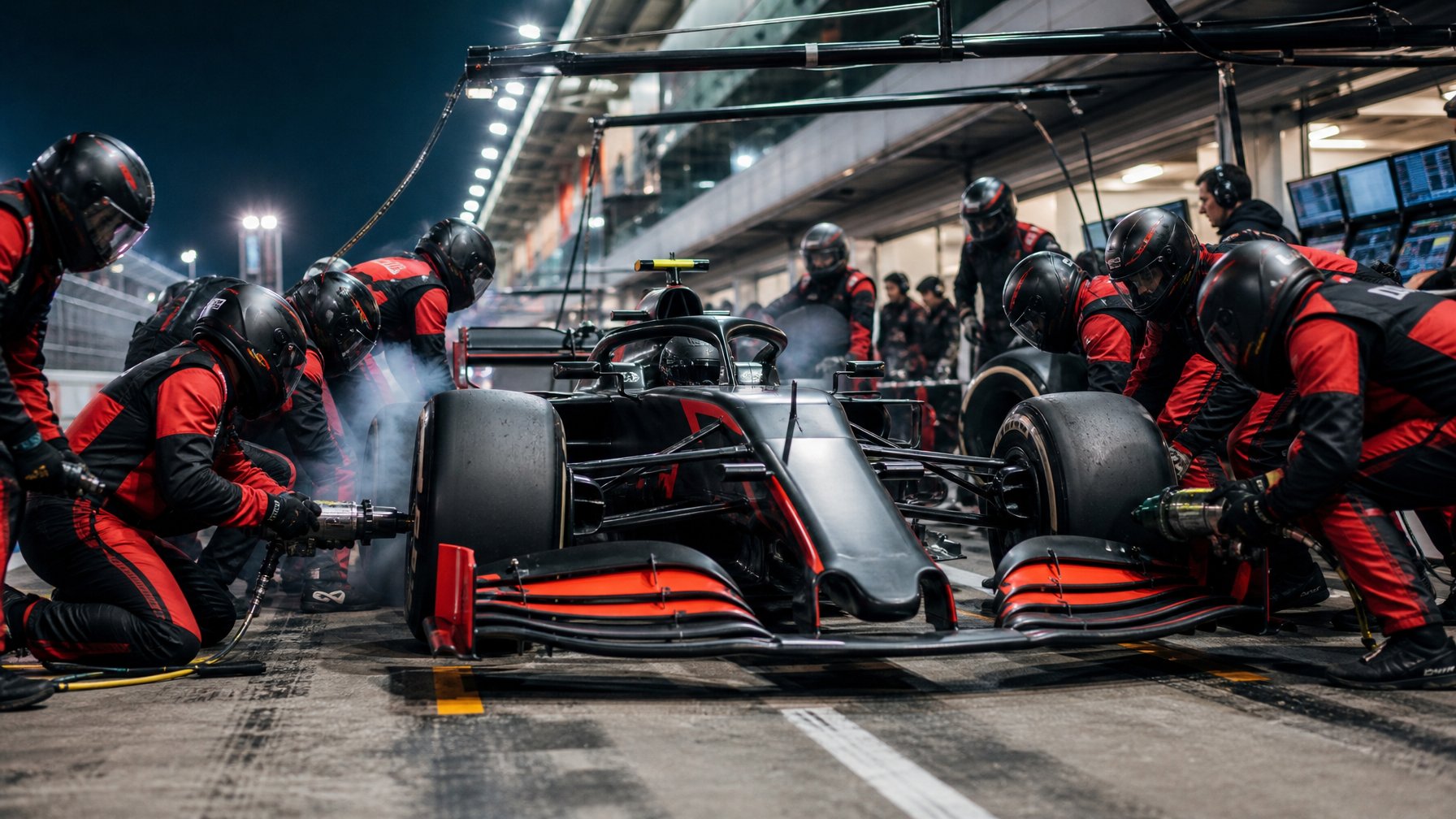 Kru pit Formula 1 sedang mengganti ban mobil balap dengan cepat di lintasan pit.