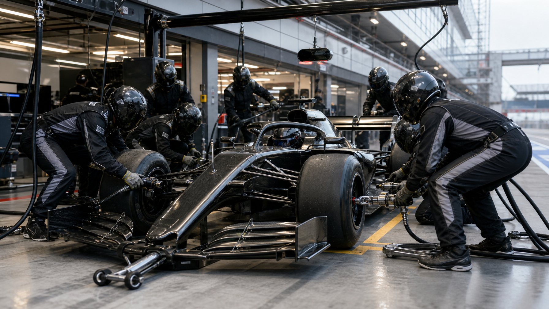 Kru pit stop Formula 1 mengganti ban mobil balap secara cepat dan terkoordinasi di dalam garasi pit lane.