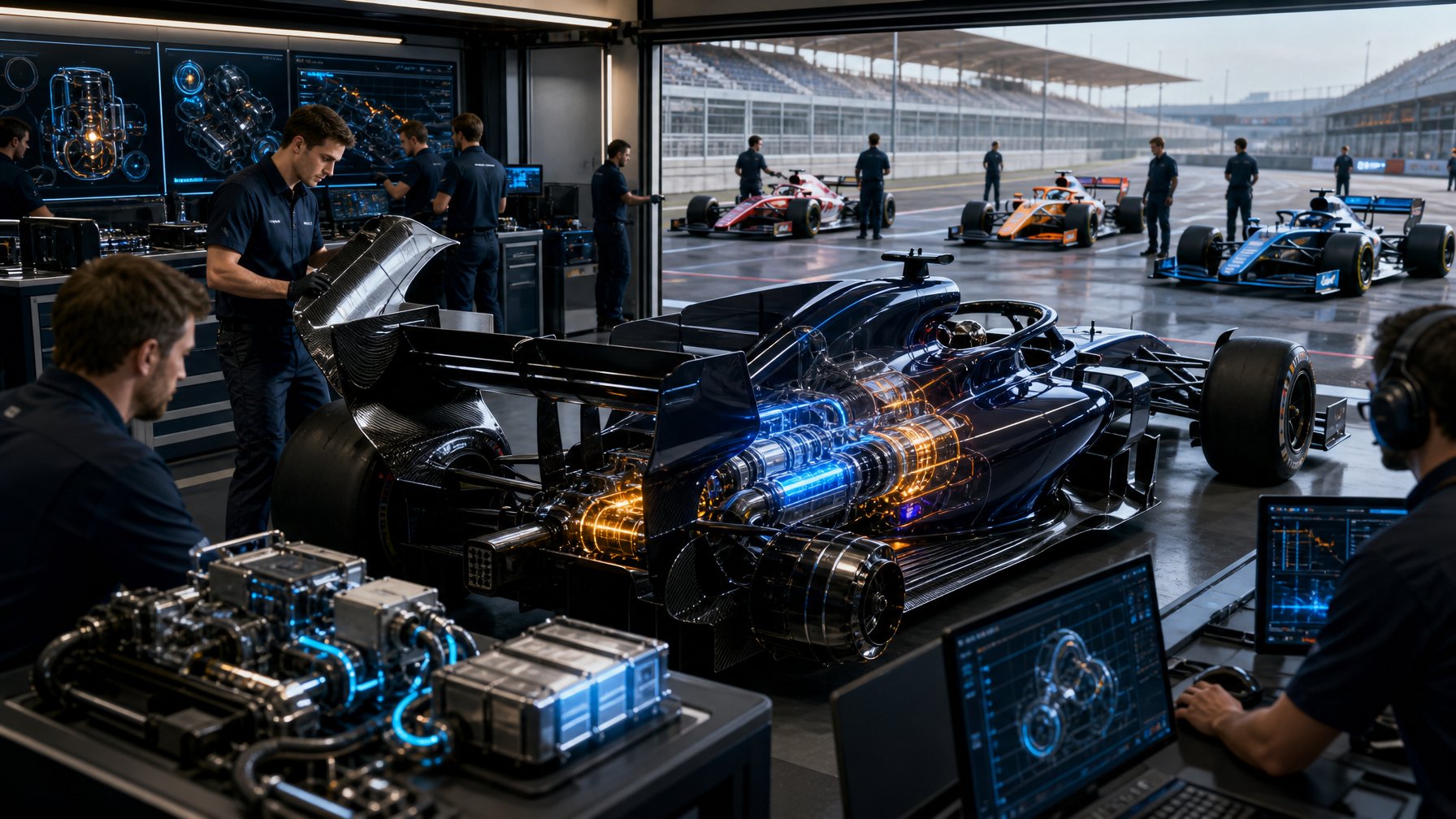 Mobil balap Formula 1 berada di garasi modern bersama para insinyur yang menganalisis teknologi mesin hibrida.