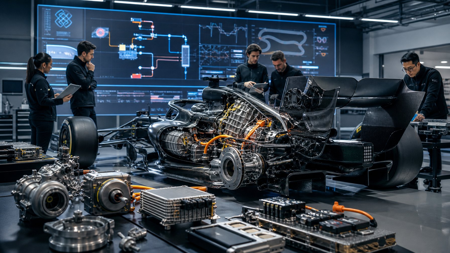 Mobil Formula 1 berada di laboratorium teknik dengan komponen mesin hibrida dan para insinyur yang sedang menganalisisnya.