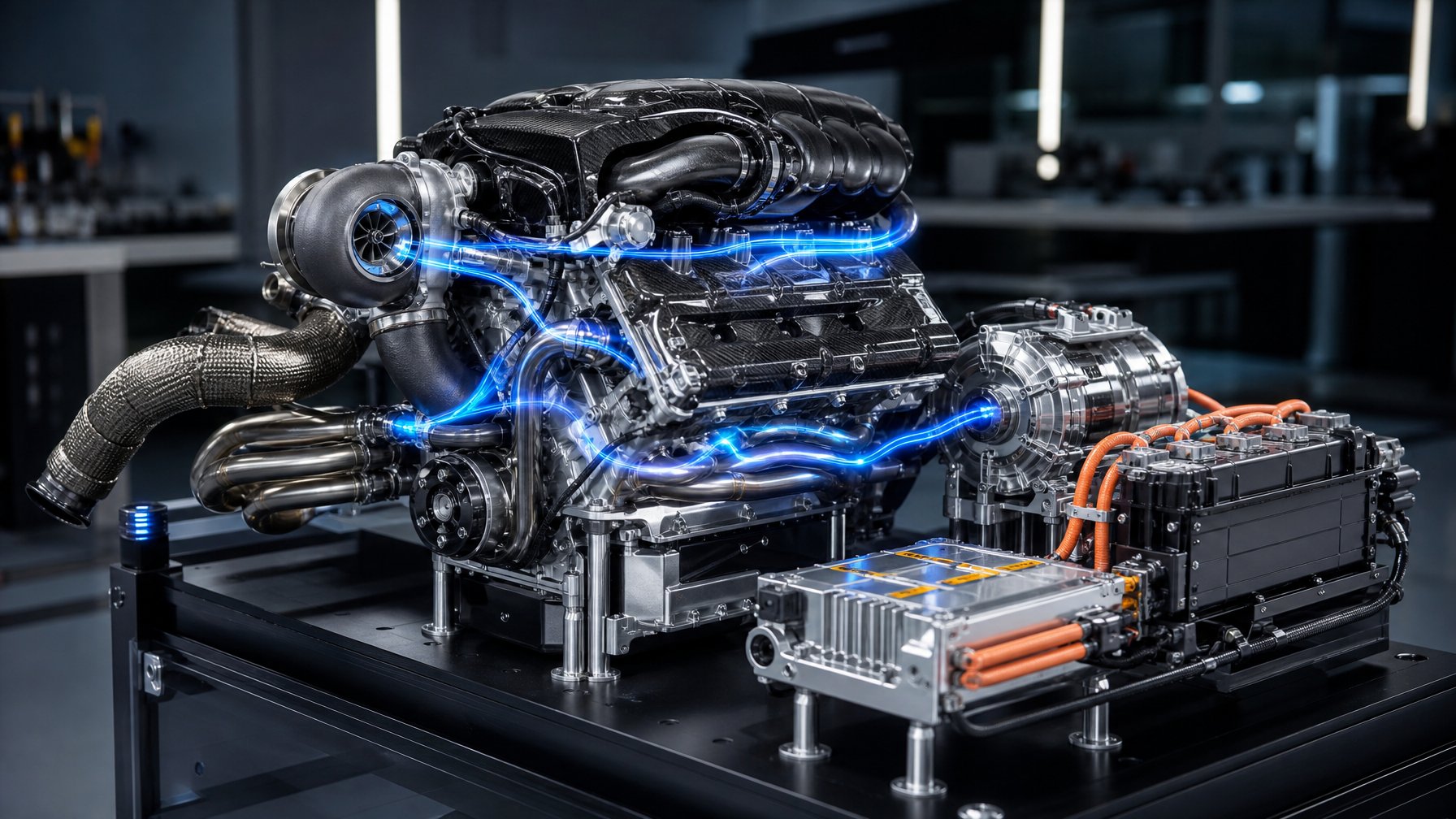 Unit daya Formula 1 dengan mesin V6 turbo dan komponen sistem pemulihan energi di laboratorium teknologi balap.