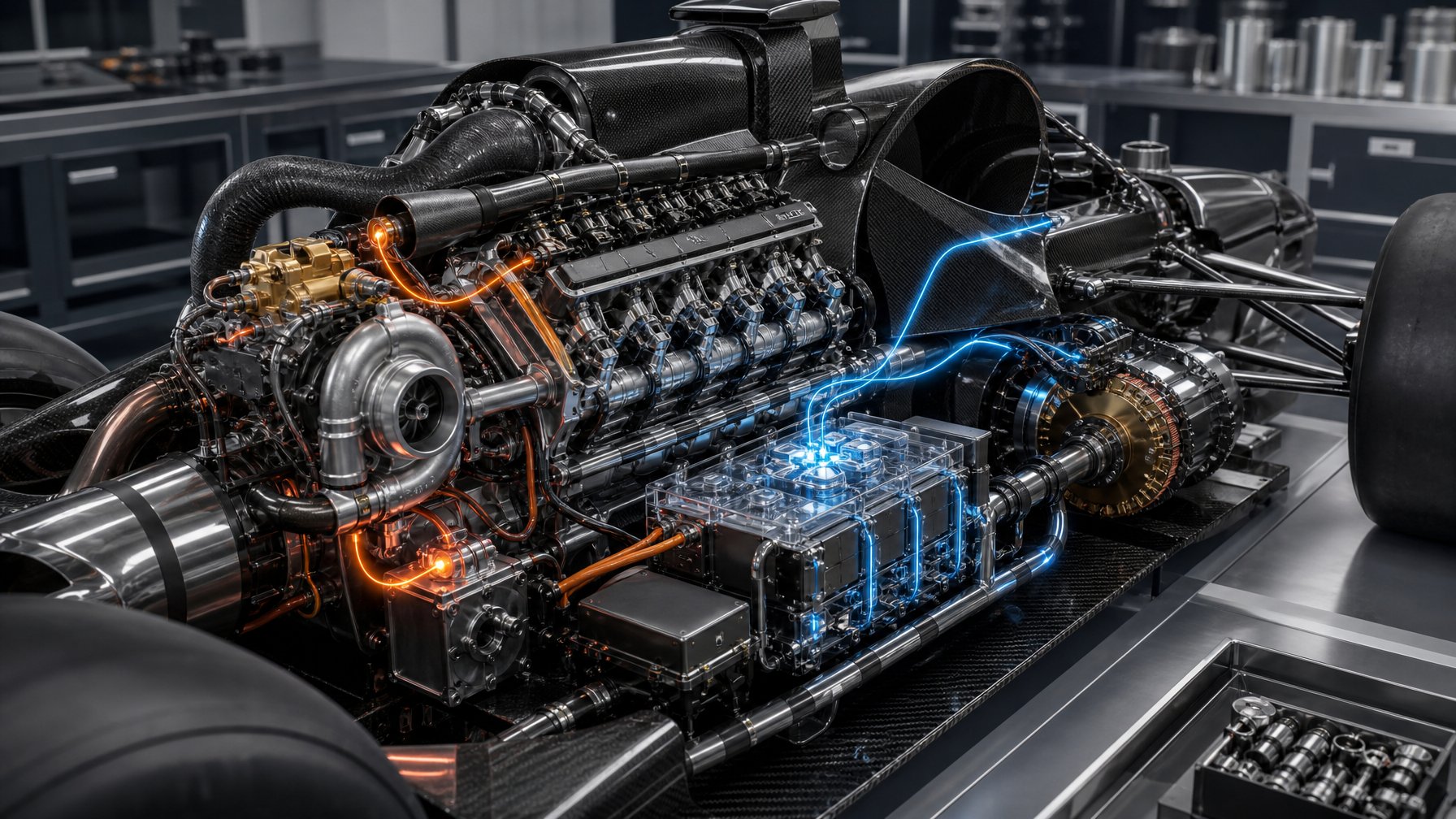 Potongan teknis unit tenaga Formula 1 yang menampilkan mesin V6 turbo, komponen pemulihan energi, baterai, dan sistem kendali.