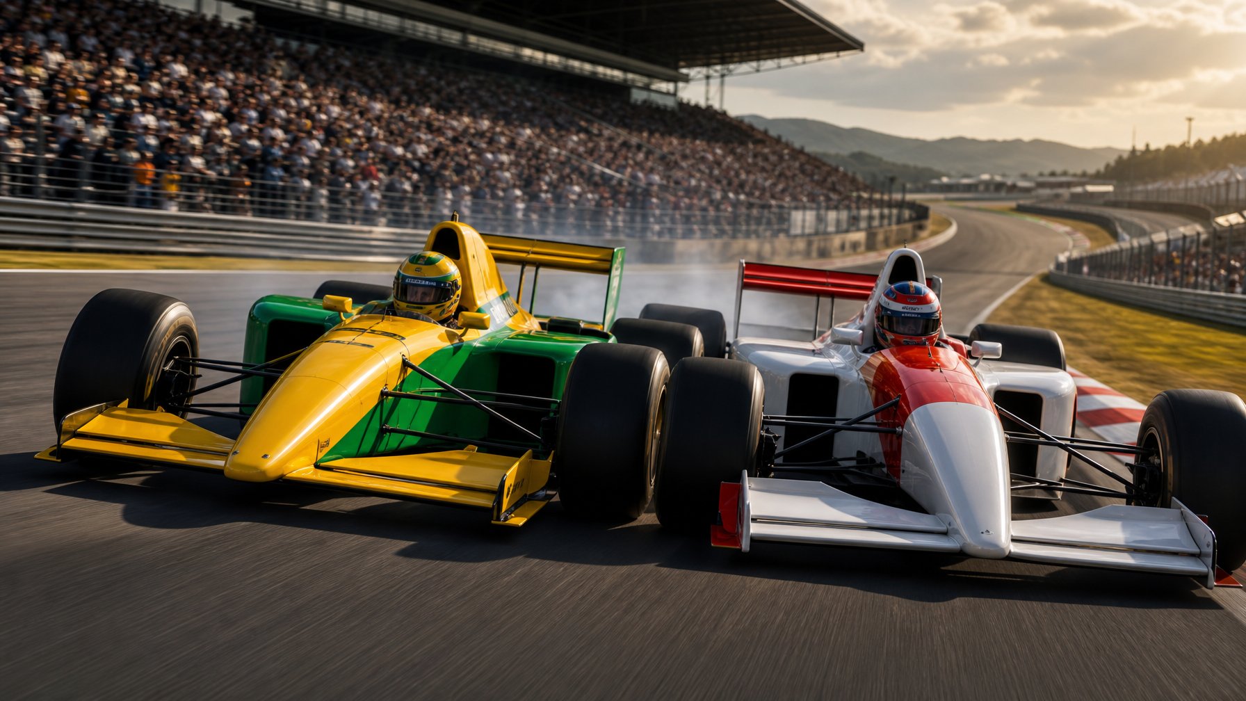 Dua mobil balap Formula 1 berwarna kuning-hijau dan putih-merah melaju berdampingan di tikungan sirkuit.