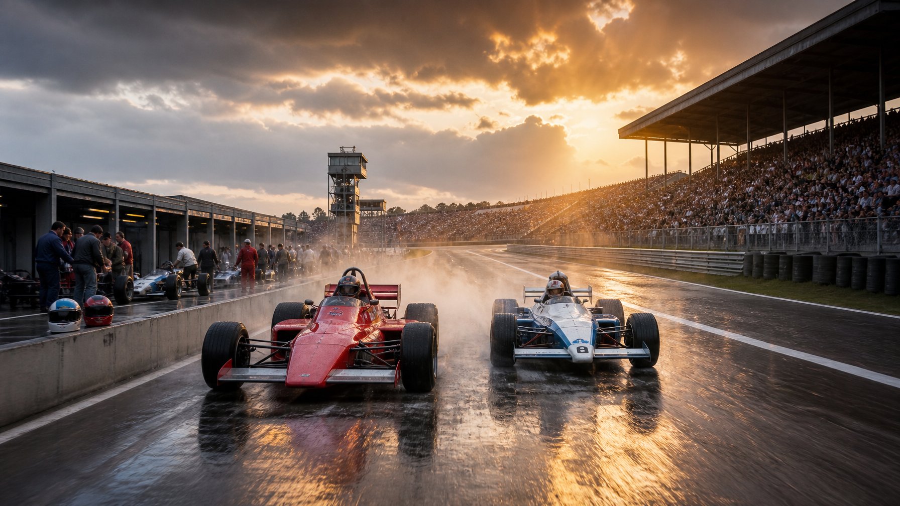 Dua mobil balap Formula 1 klasik melaju berdampingan di lintasan basah menuju tikungan dengan suasana persaingan yang dramatis.