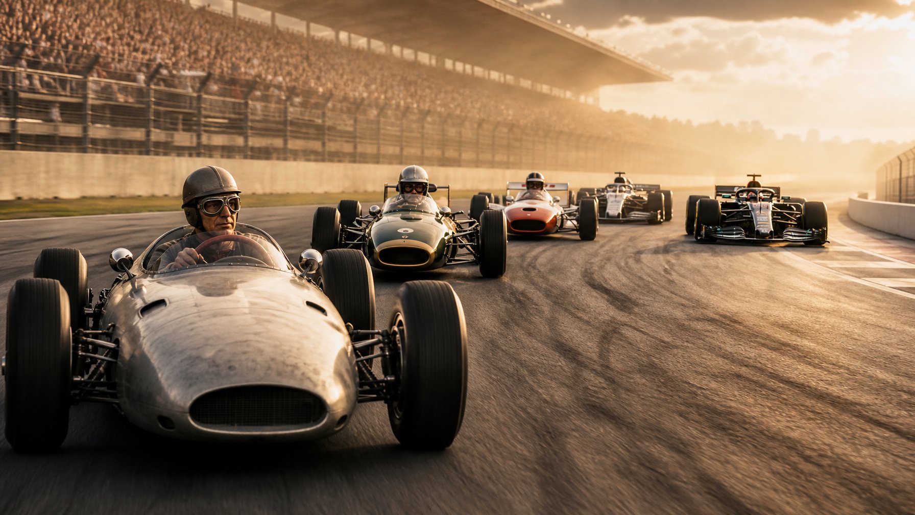 Mobil Formula 1 dari era klasik hingga modern melaju di satu sirkuit, menggambarkan perjalanan para juara dunia.
